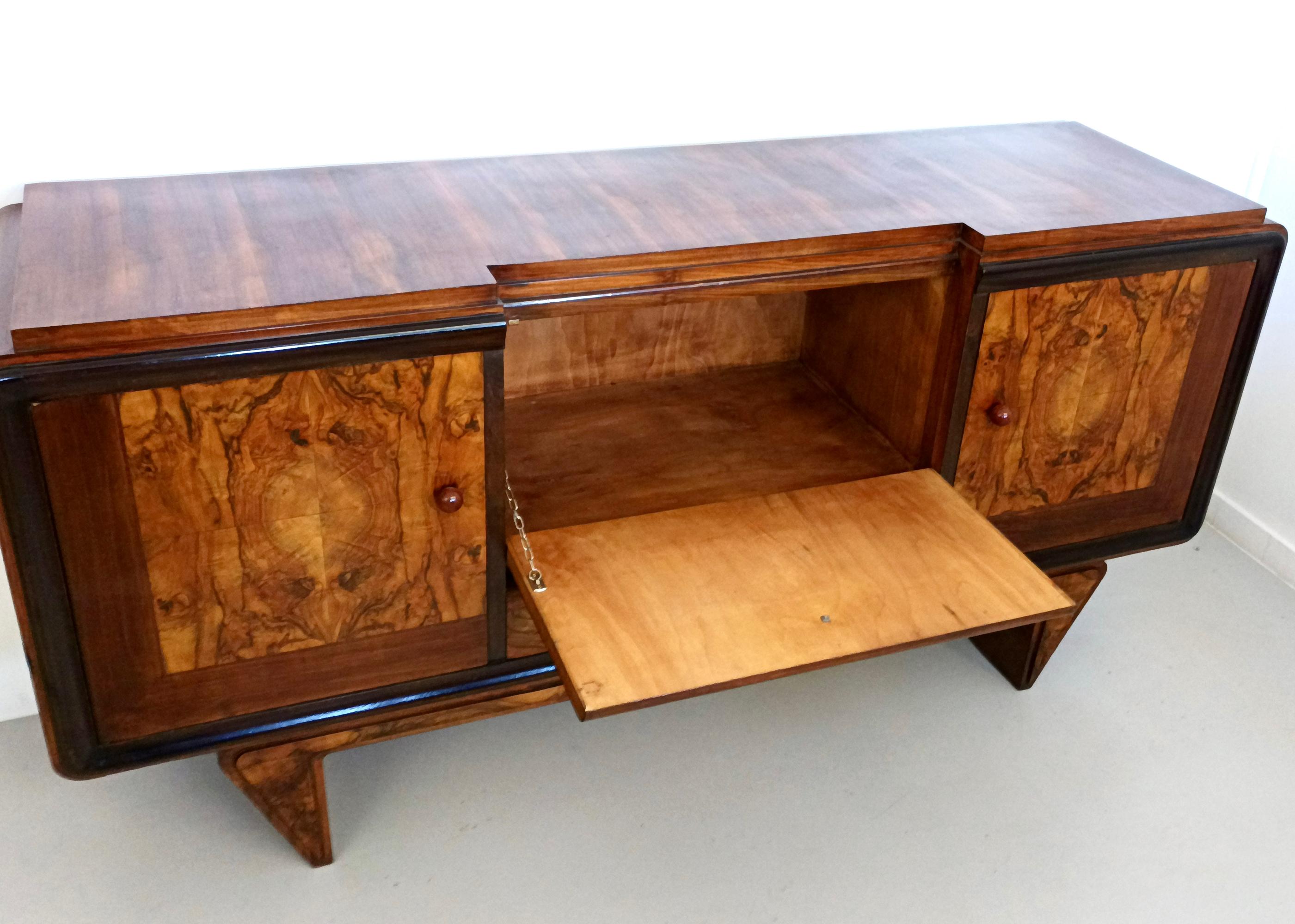 Art Deco Walnut, Briar Root and Ebonized Beech Sideboard, Italy For Sale 2