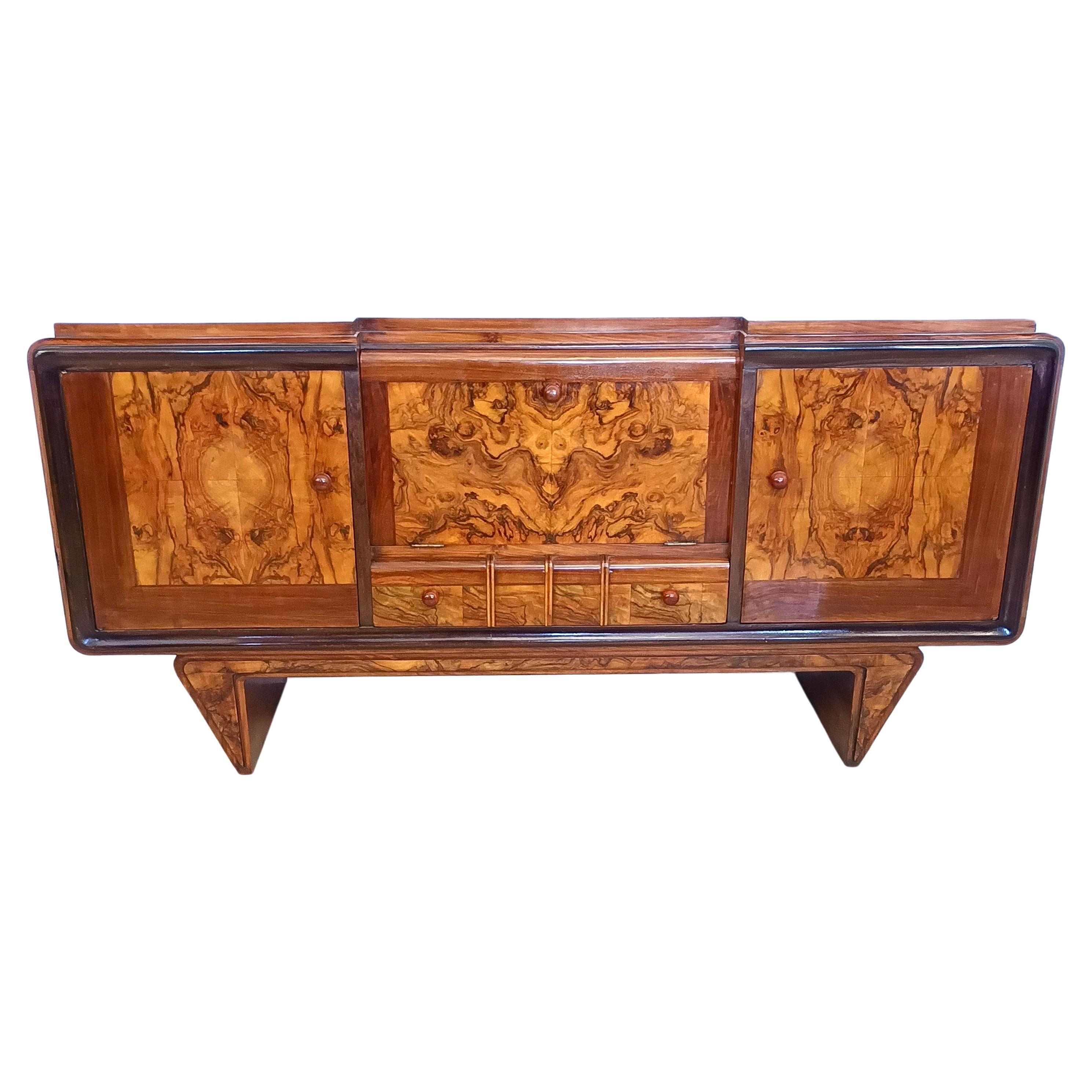 Art Deco Walnut, Briar Root and Ebonized Beech Sideboard, Italy For Sale