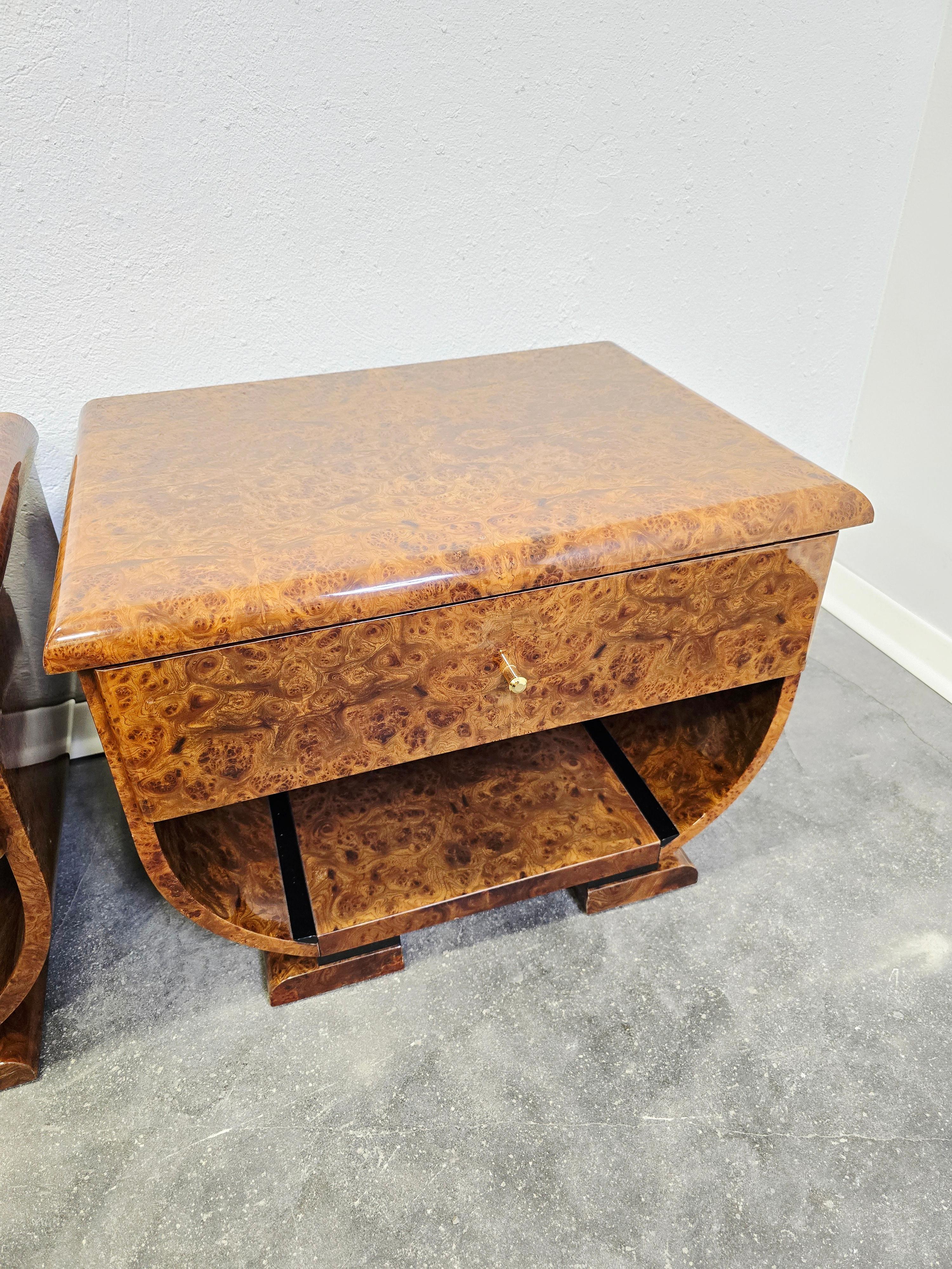 Art Deco Walnut Burl and Brass Nightstands 1 of 2 For Sale 12
