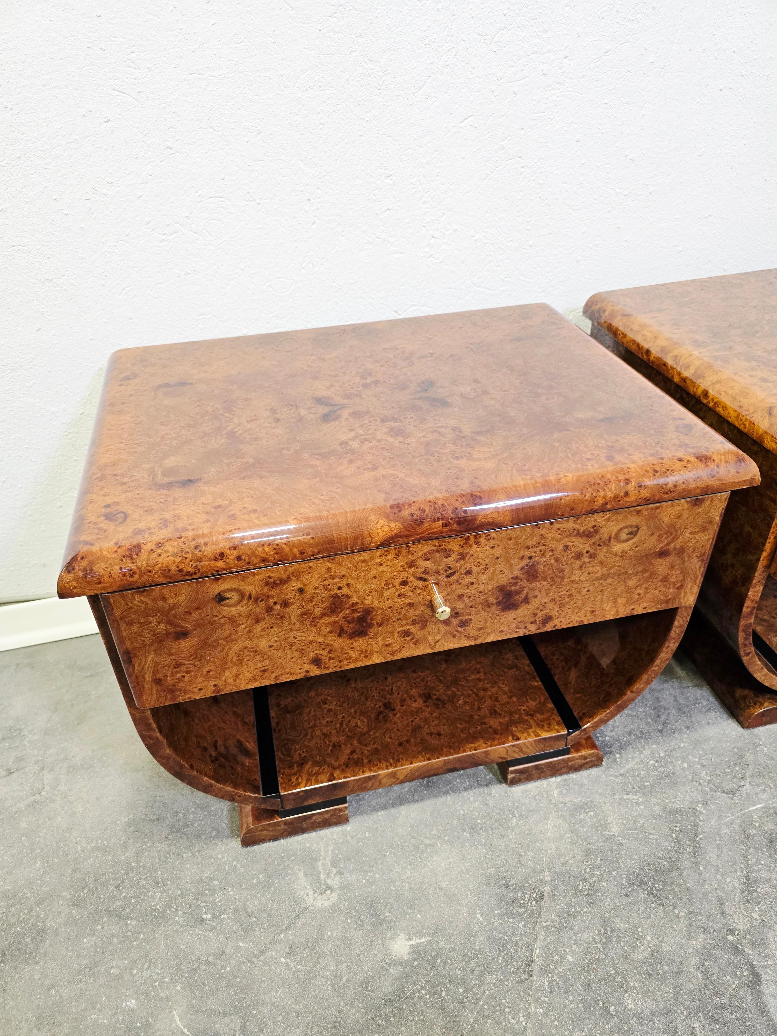 Art Deco Walnut Burl and Brass Nightstands 1 of 2 For Sale 14