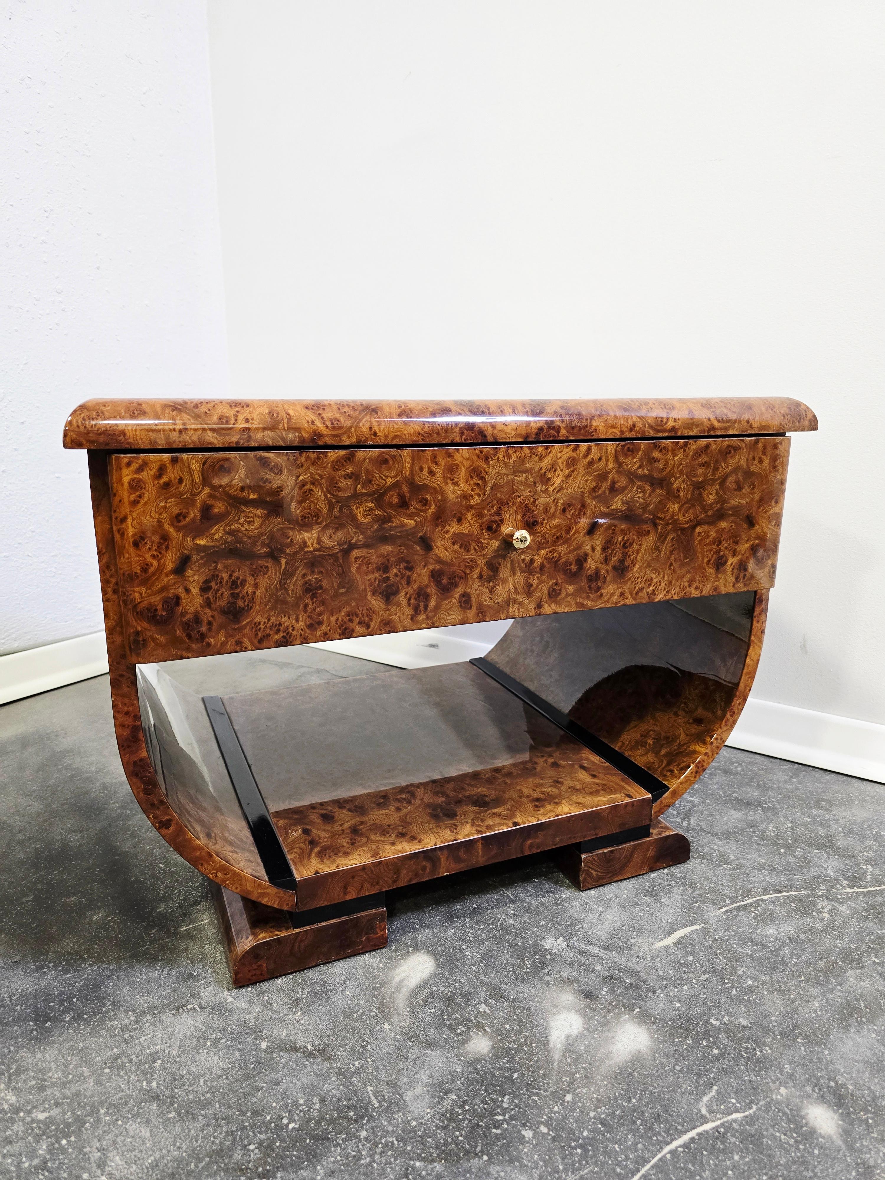 Art deco inspired style nightstands with beautiful veneer walnut burl wood with brass handles. 

Softly shaped patterns and smooth angles with the generous use of gold, lacquer has a few cracks on top.

Price is for one piece.