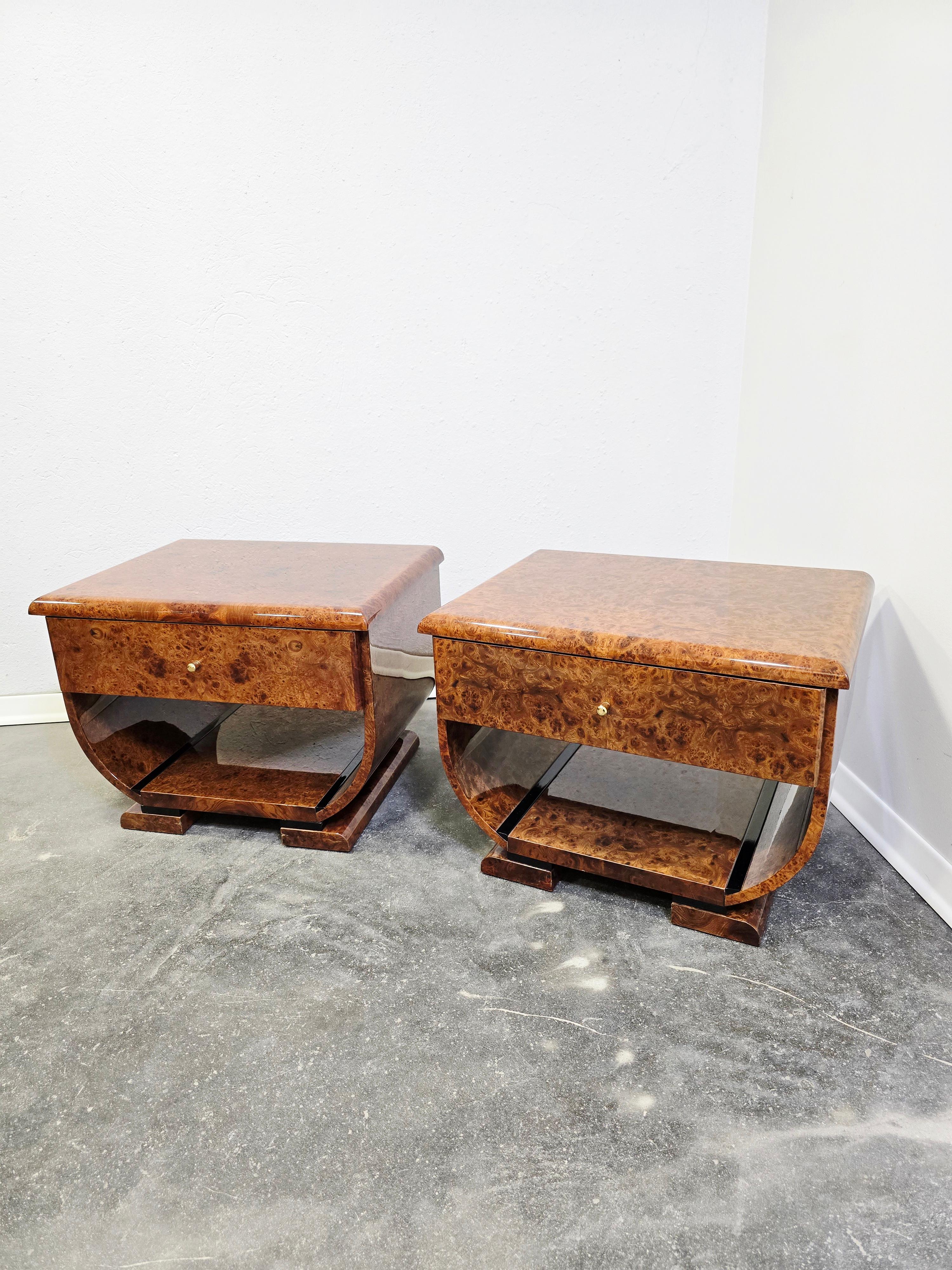 Late 20th Century Art Deco Walnut Burl and Brass Nightstands 1 of 2 For Sale