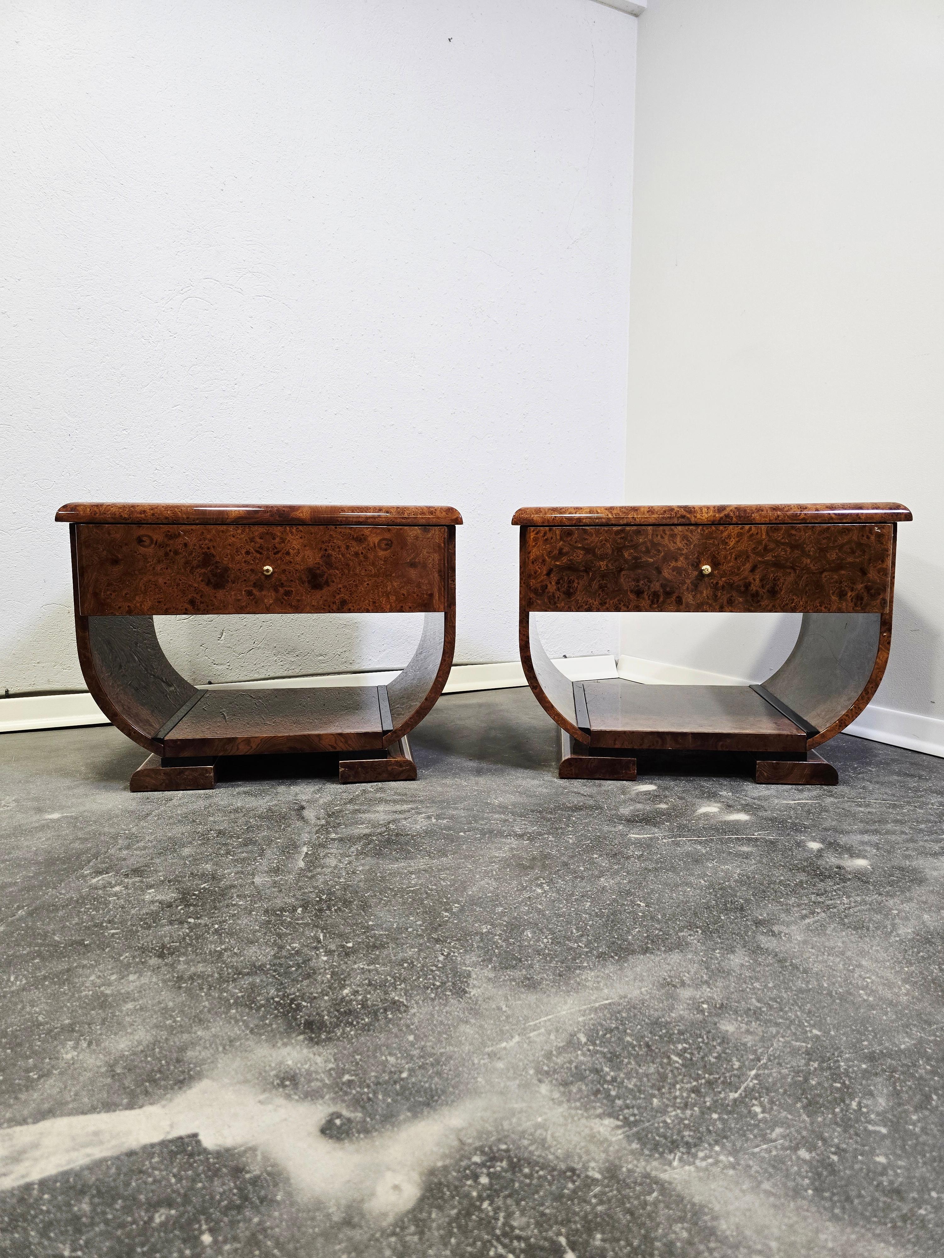 Art Deco Walnut Burl and Brass Nightstands 1 of 2 For Sale 1