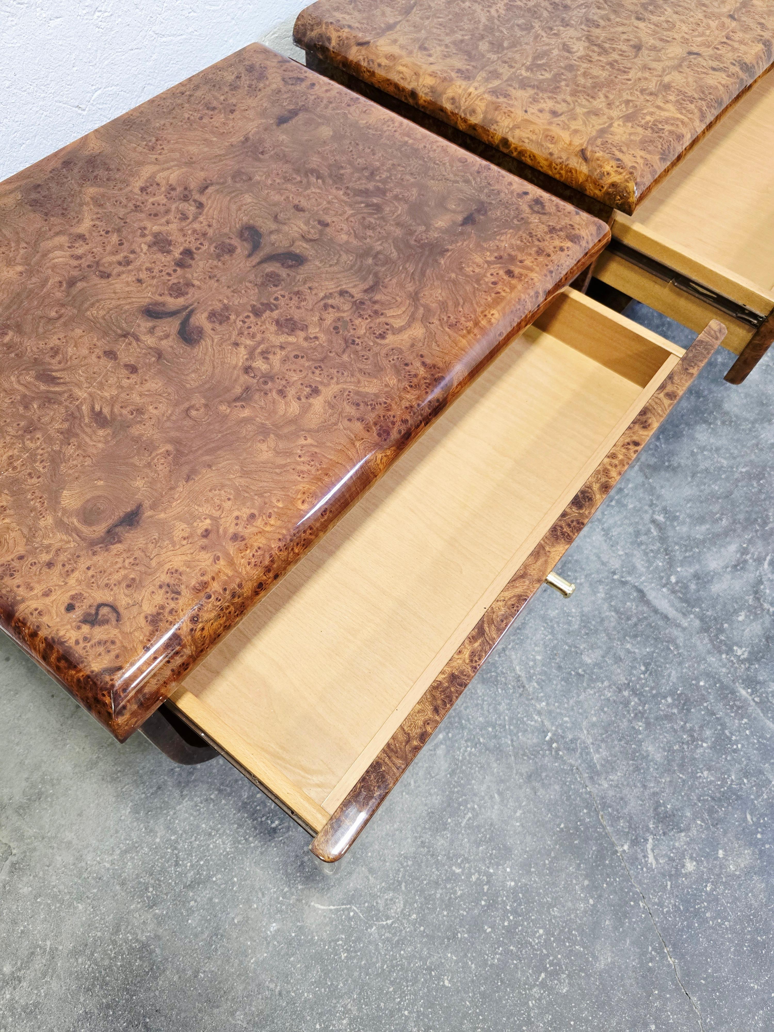 Art Deco Walnut Burl and Brass Nightstands 1 of 2 For Sale 2