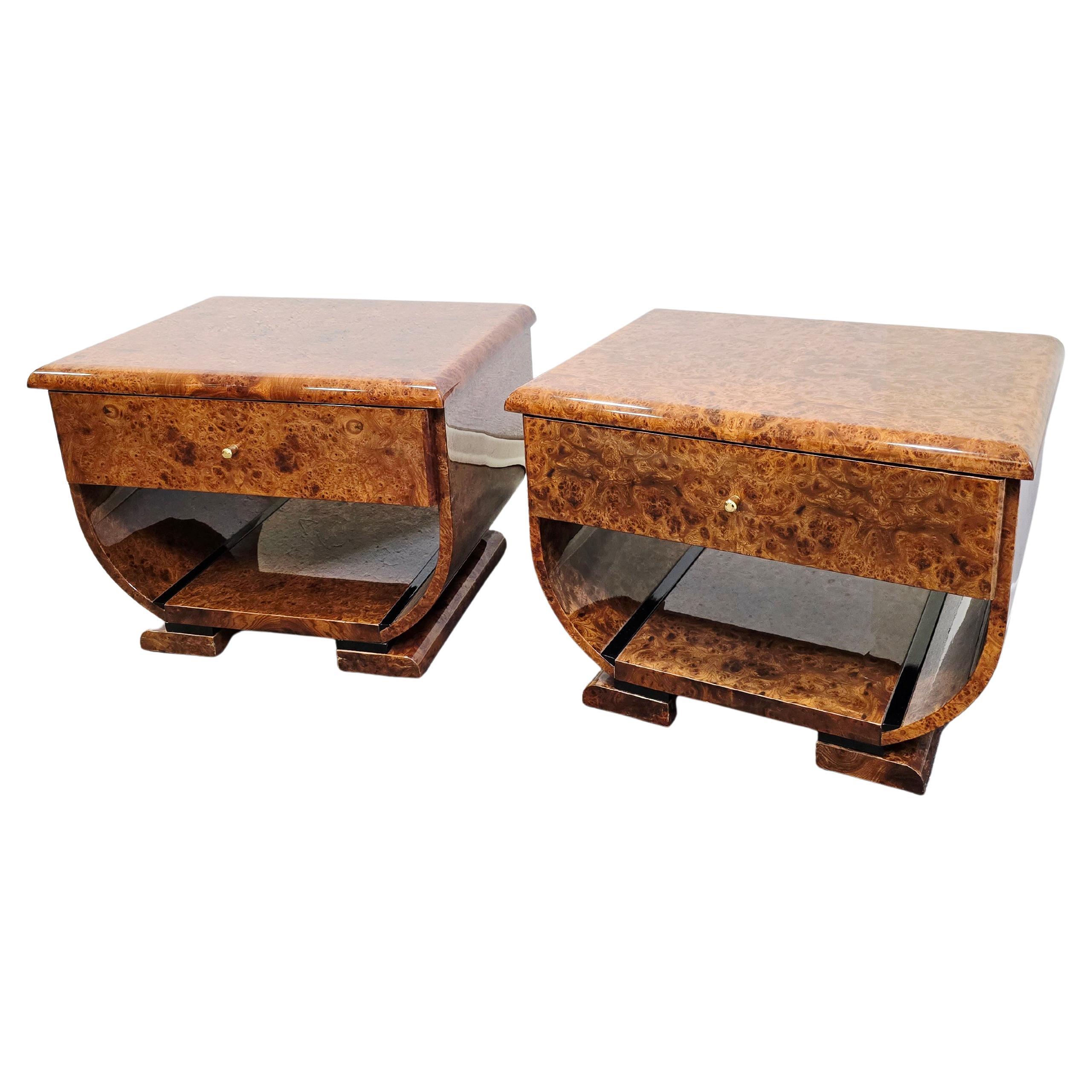 Art Deco Walnut Burl and Brass Nightstands 1 of 2 For Sale