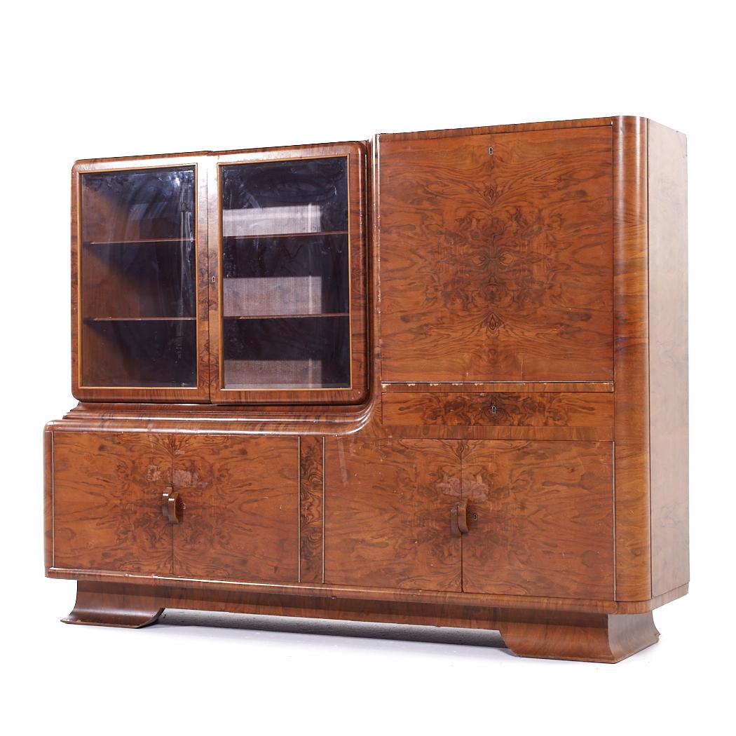 American Art Deco Walnut Burlwood Credenza Hutch For Sale