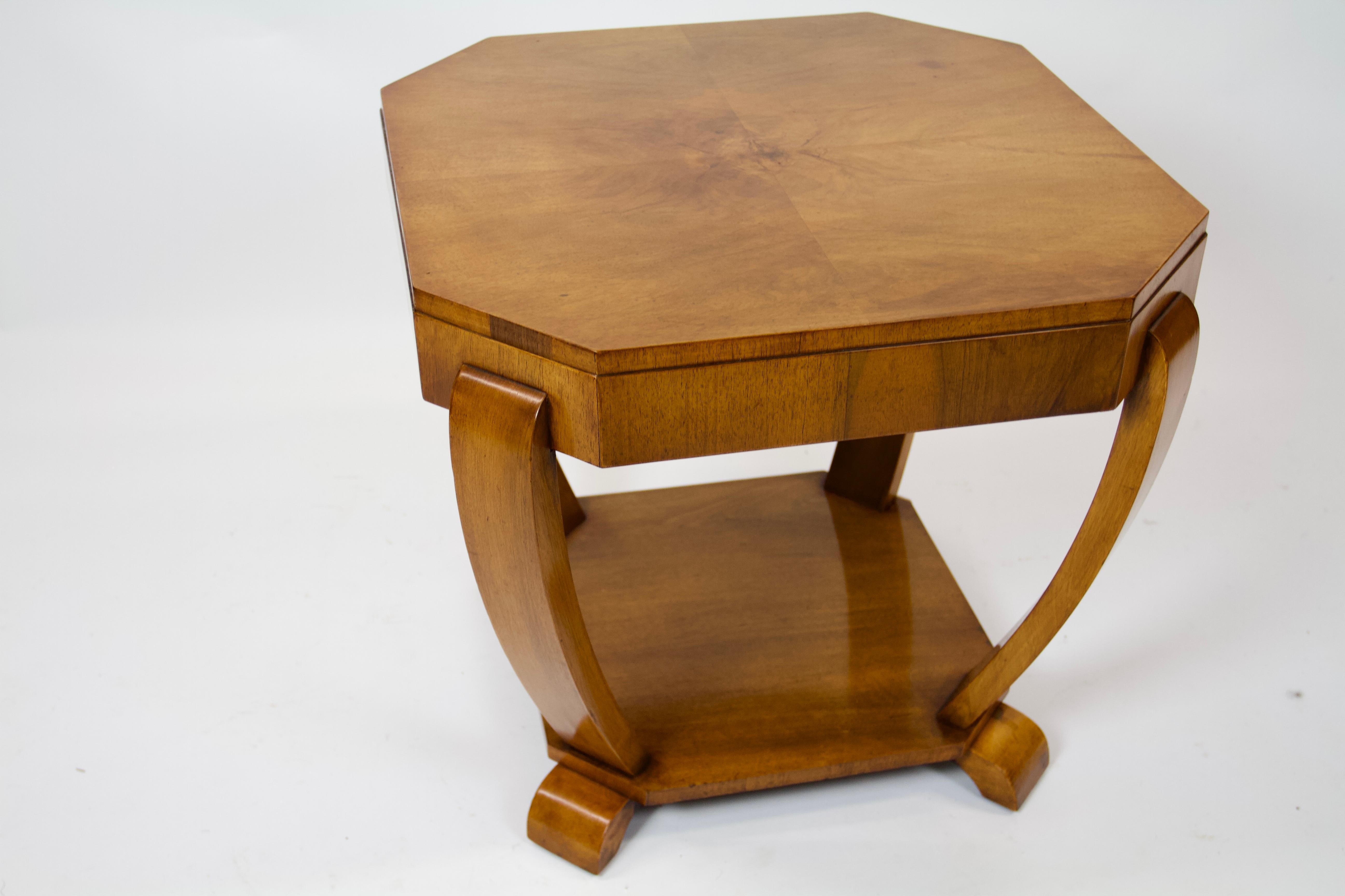 British Art Deco Walnut Canted Corner 2 tier Coffee Table circa 1930s For Sale