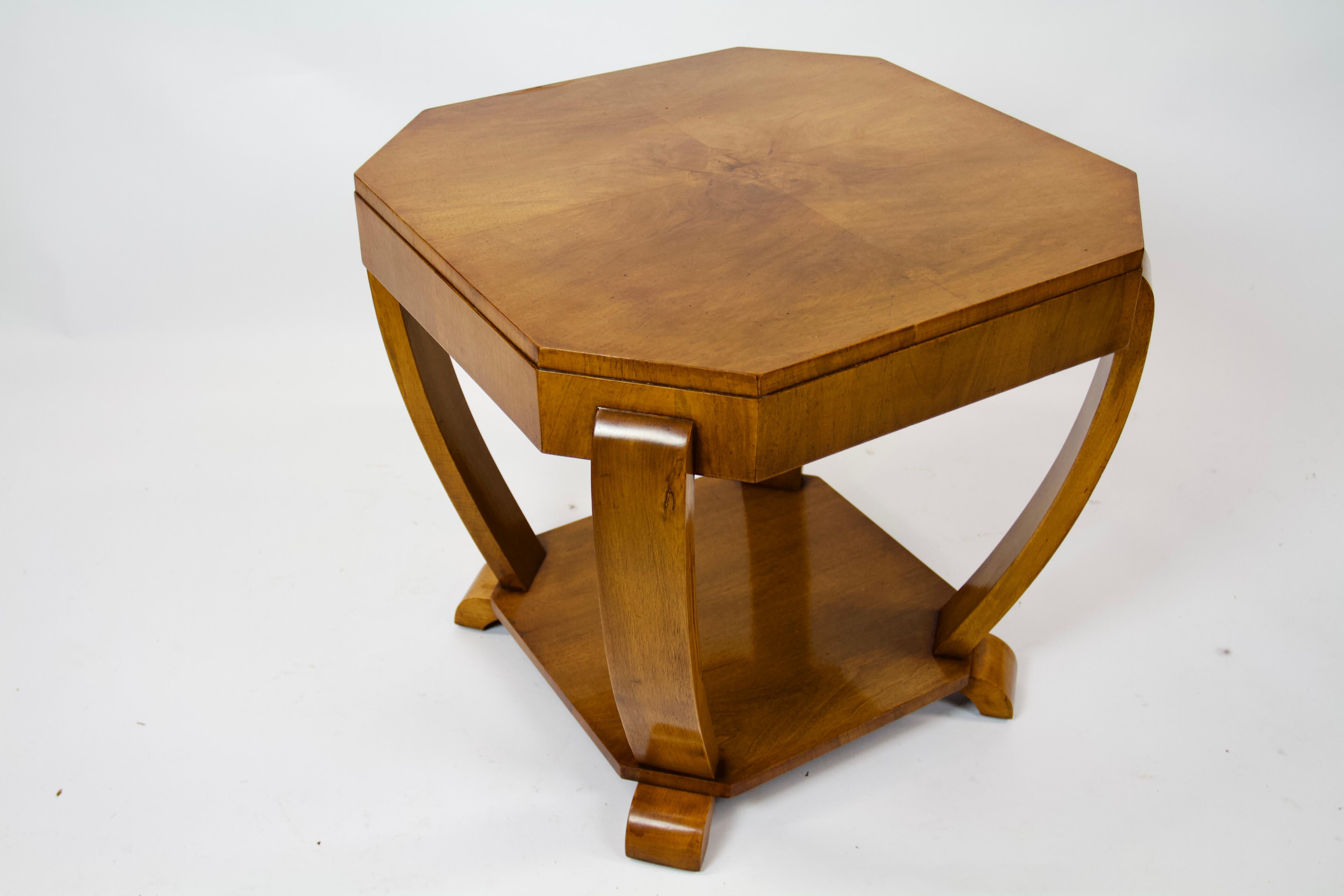 Polished Art Deco Walnut Canted Corner 2 tier Coffee Table circa 1930s For Sale