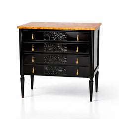 Art Deco Walnut Chest of Drawers, Black Lacquer, Orange Marble Top, 20th Century