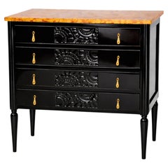 Art Deco Walnut Chest of Drawers, Black Lacquer, Orange Marble Top, 20th Century