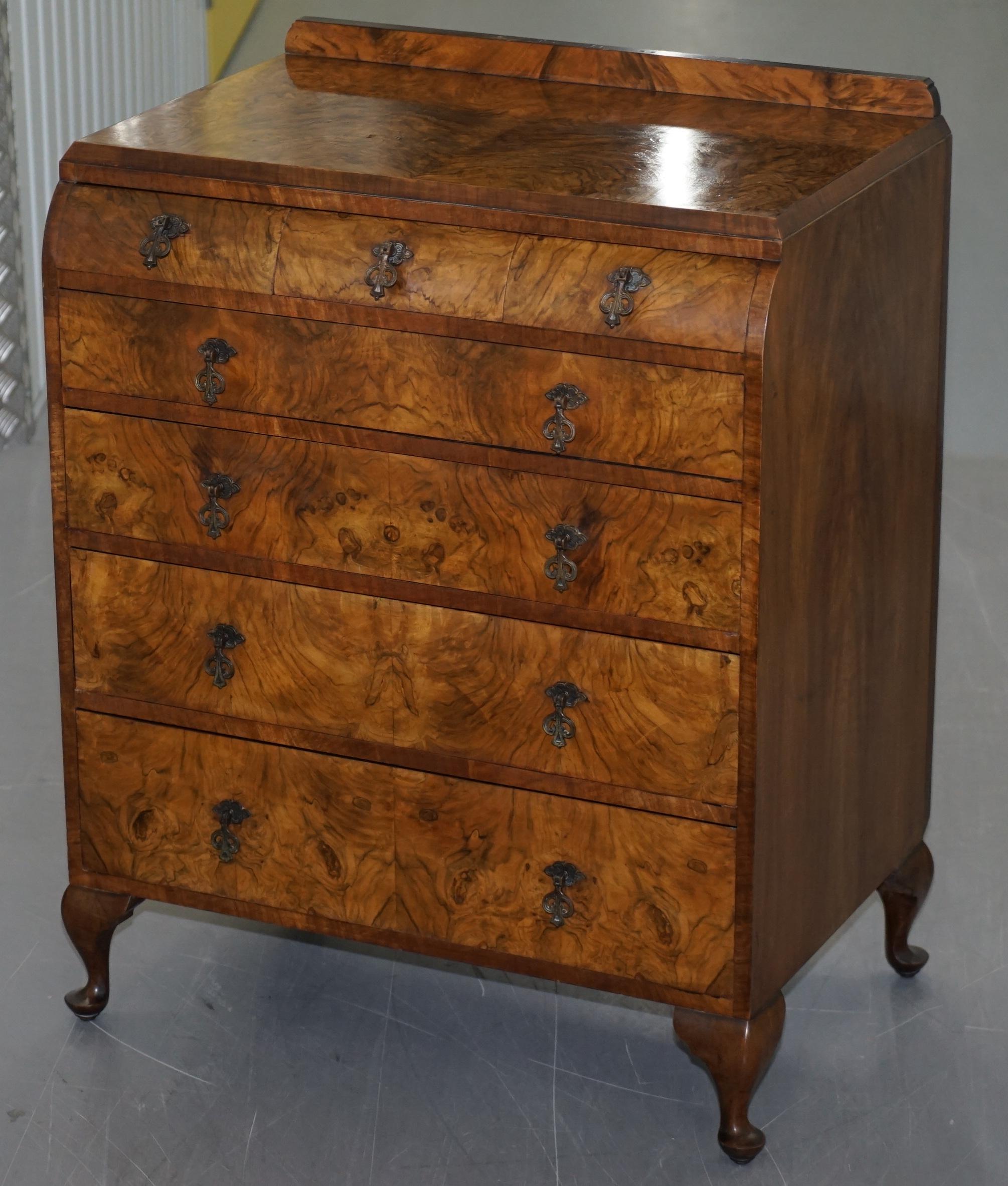 English Art Deco Walnut Chest of Drawers Part of Suite Stamped Guaranteed British Made