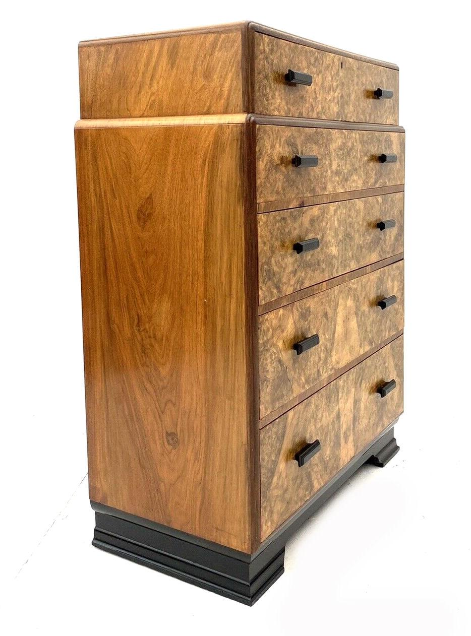 Art Deco Walnut Chest Of Five Drawers, English, c1930's In Good Condition In Devon, England