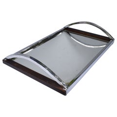 Art Deco Walnut Chrome Mirror Cocktail Drinks Tray, c1930s
