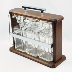 Art Deco Walnut Chrome Mounted Case Tantalus Three Crystal Decanters
