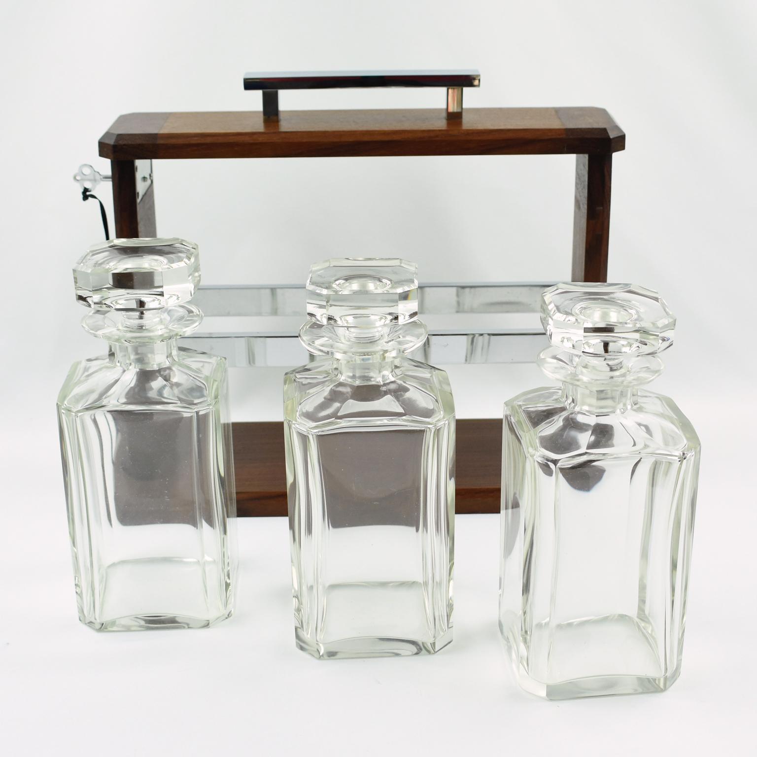 Mid-20th Century Art Deco Walnut Chrome Mounted Case Tantalus Three Crystal Decanters