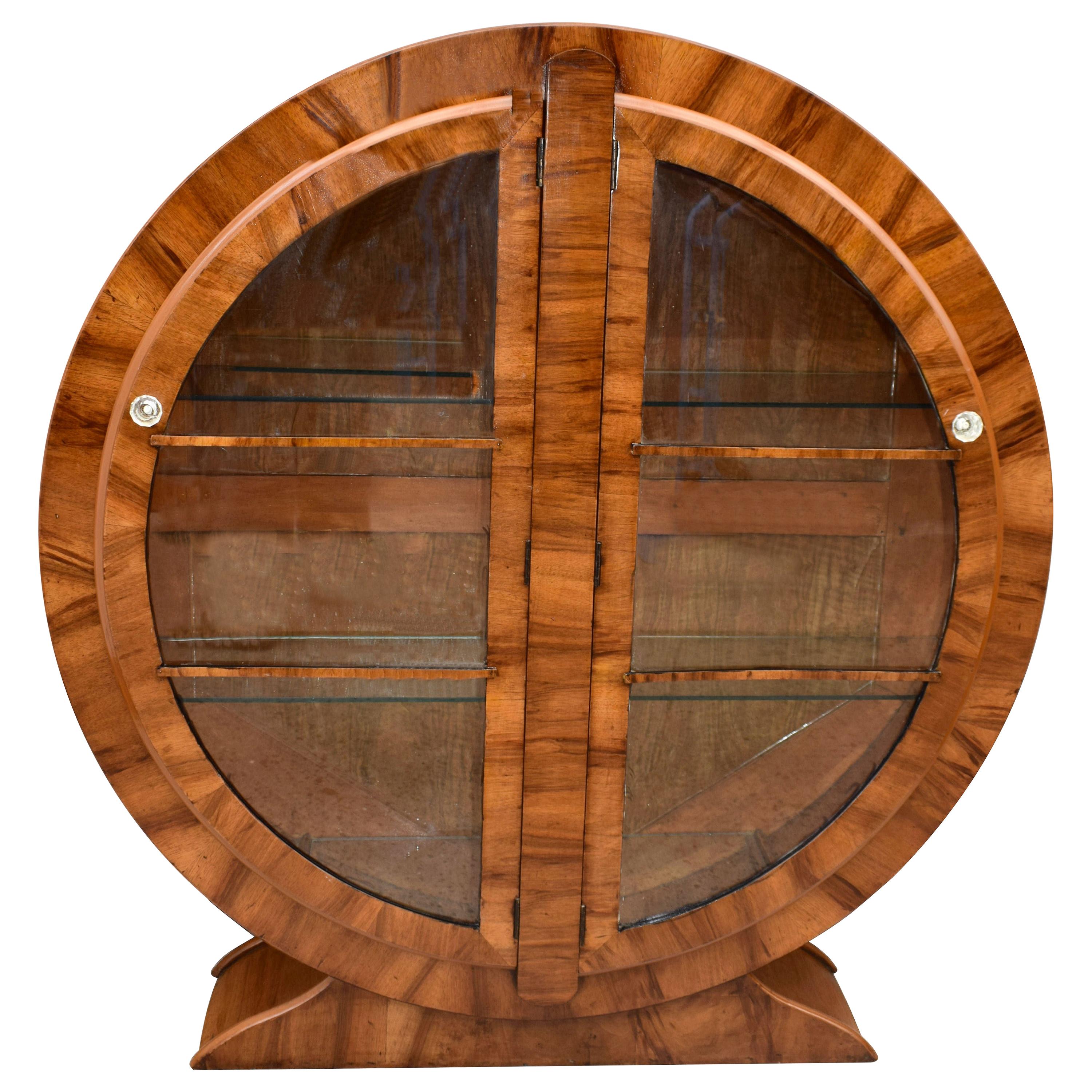 Art Deco Walnut Circular Display Cabinet, Vitrine, circa 1930s