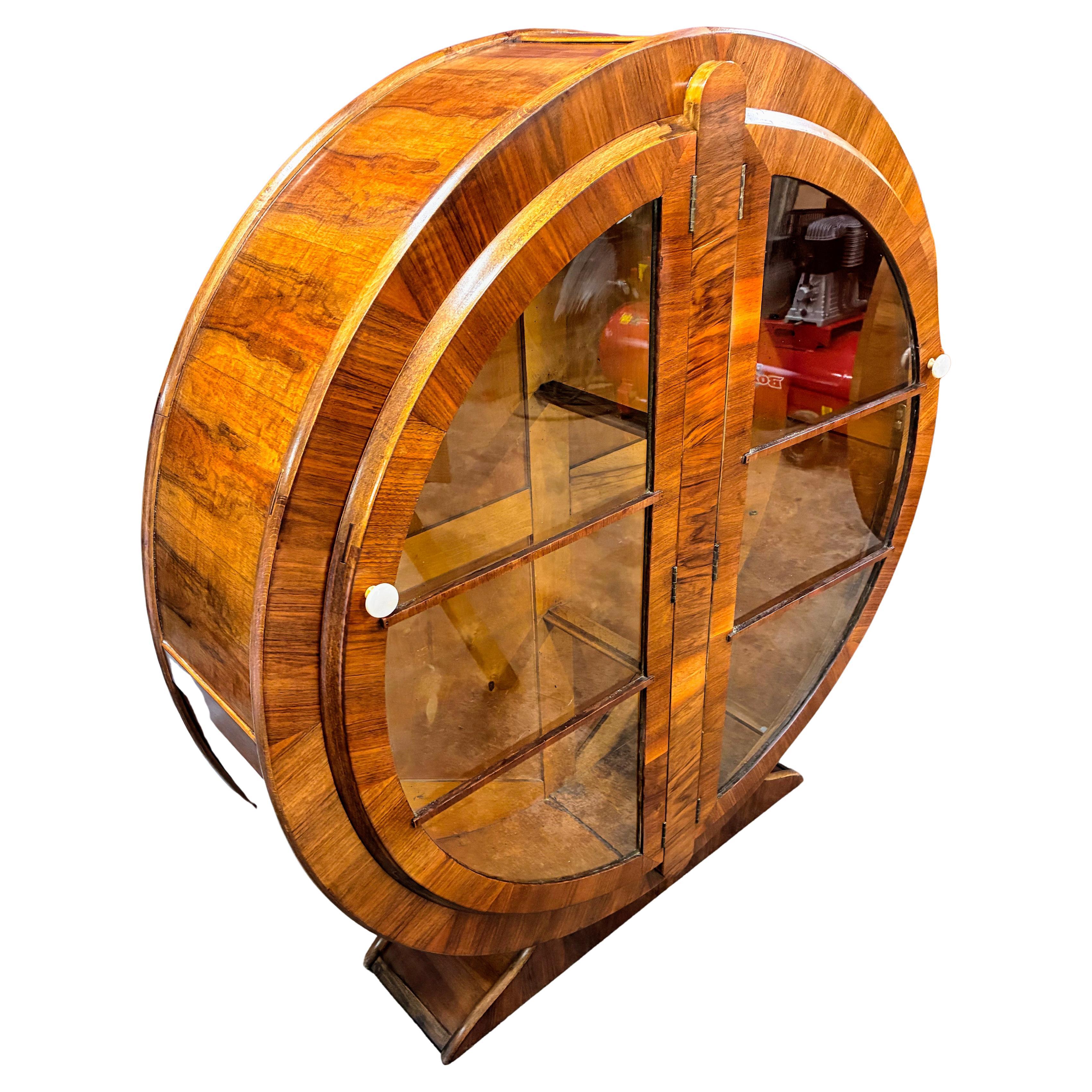 English Art Deco Walnut Circular Display Cabinet, Vitrine, circa 1930s For Sale