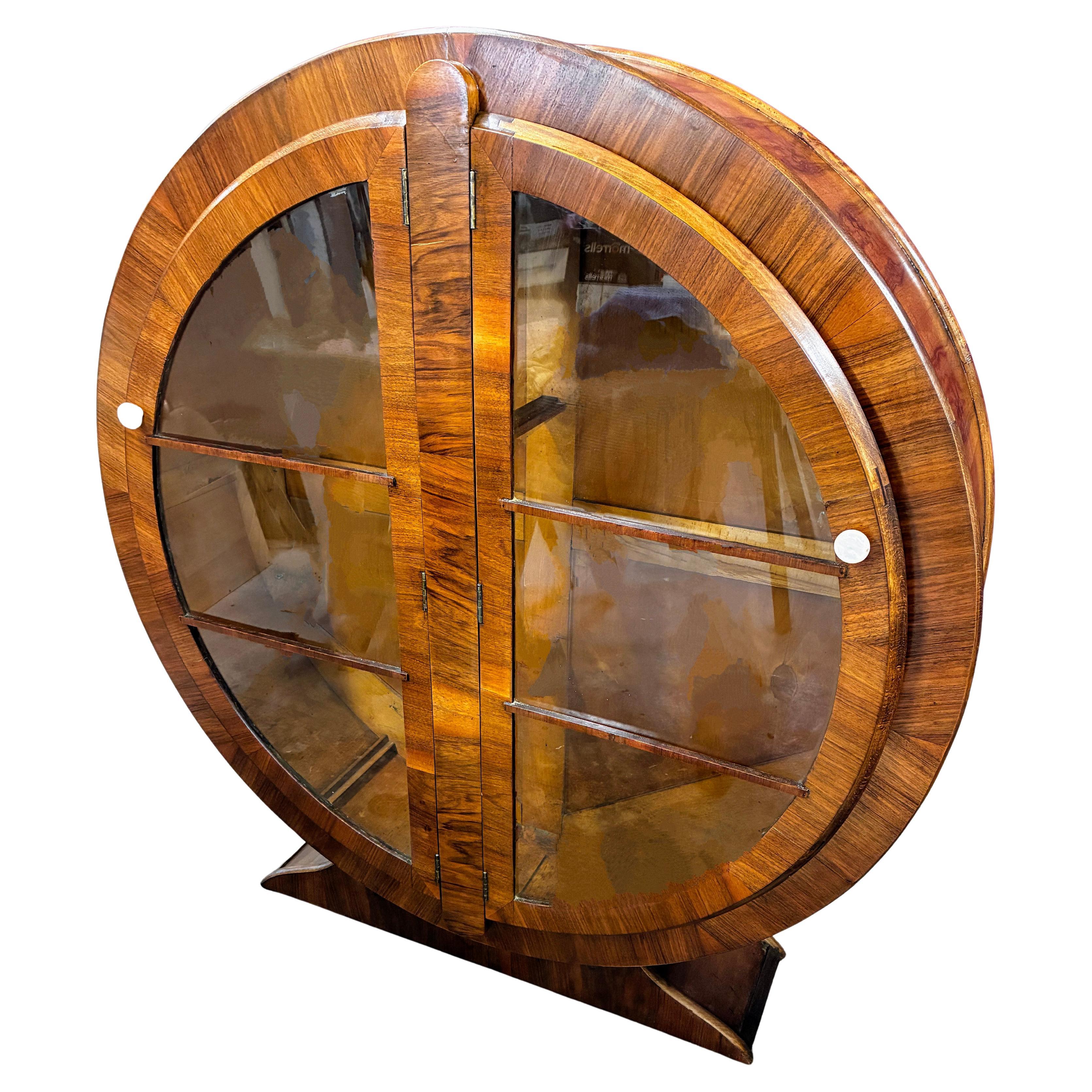 20th Century Art Deco Walnut Circular Display Cabinet, Vitrine, circa 1930s For Sale
