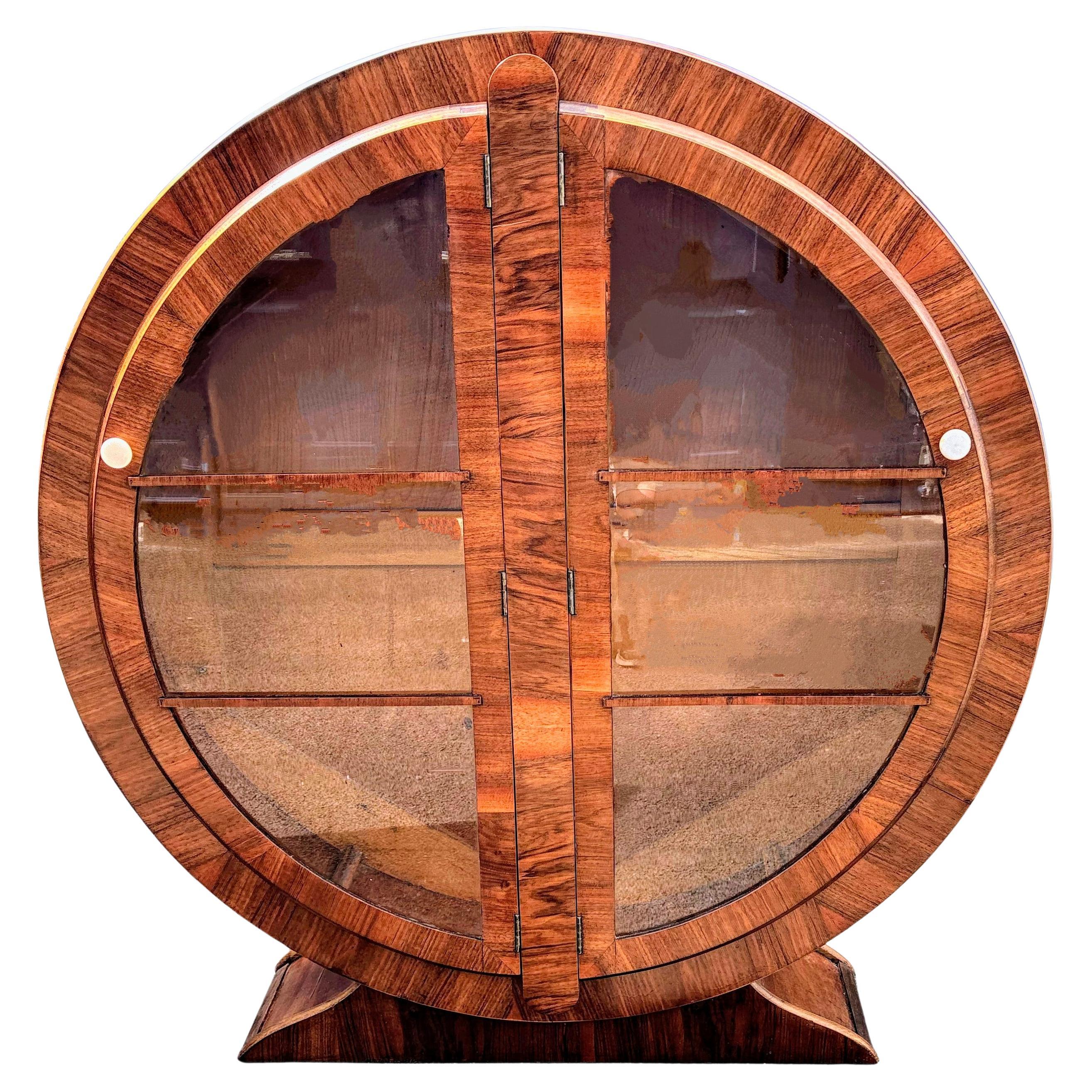 Art Deco Walnut Circular Display Cabinet, Vitrine, circa 1930s