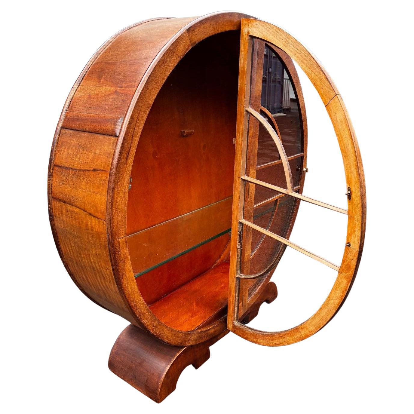 Art Deco Walnut Circular Vitrine Display Cabinet, English, c1930 In Good Condition For Sale In Devon, England