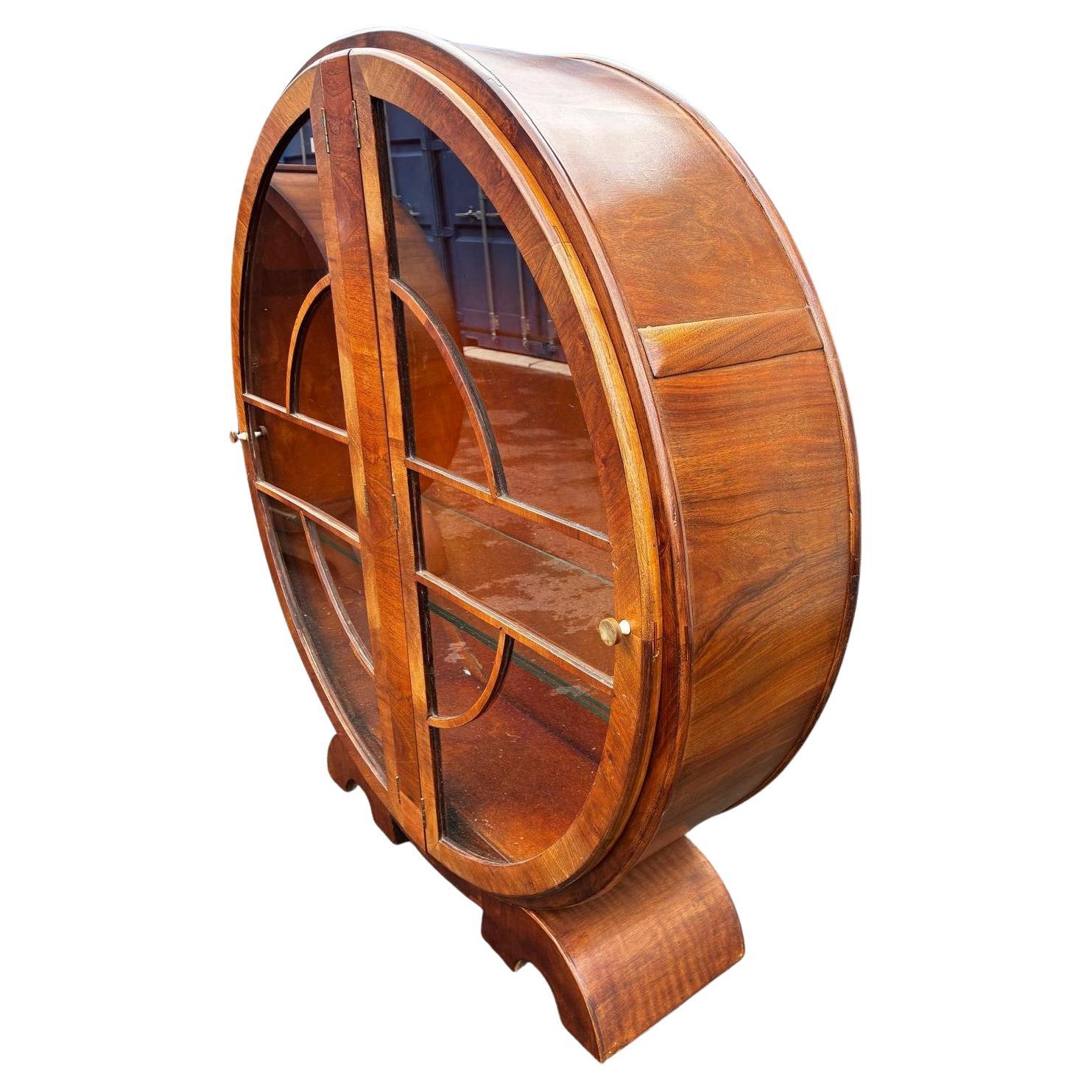 20th Century Art Deco Walnut Circular Vitrine Display Cabinet, English, c1930 For Sale