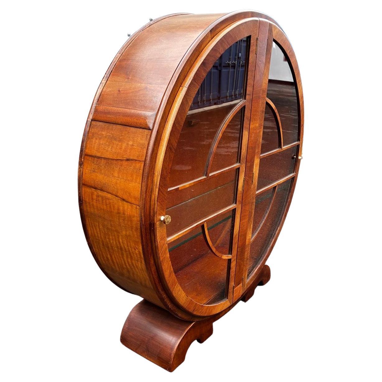 Bakelite Art Deco Walnut Circular Vitrine Display Cabinet, English, c1930 For Sale