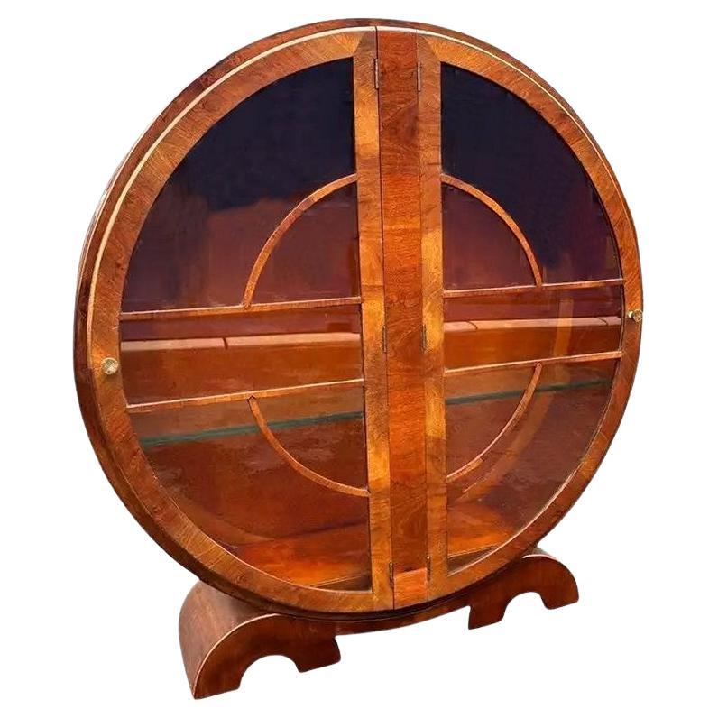 Art Deco Walnut Circular Vitrine Display Cabinet, English, c1930 For Sale