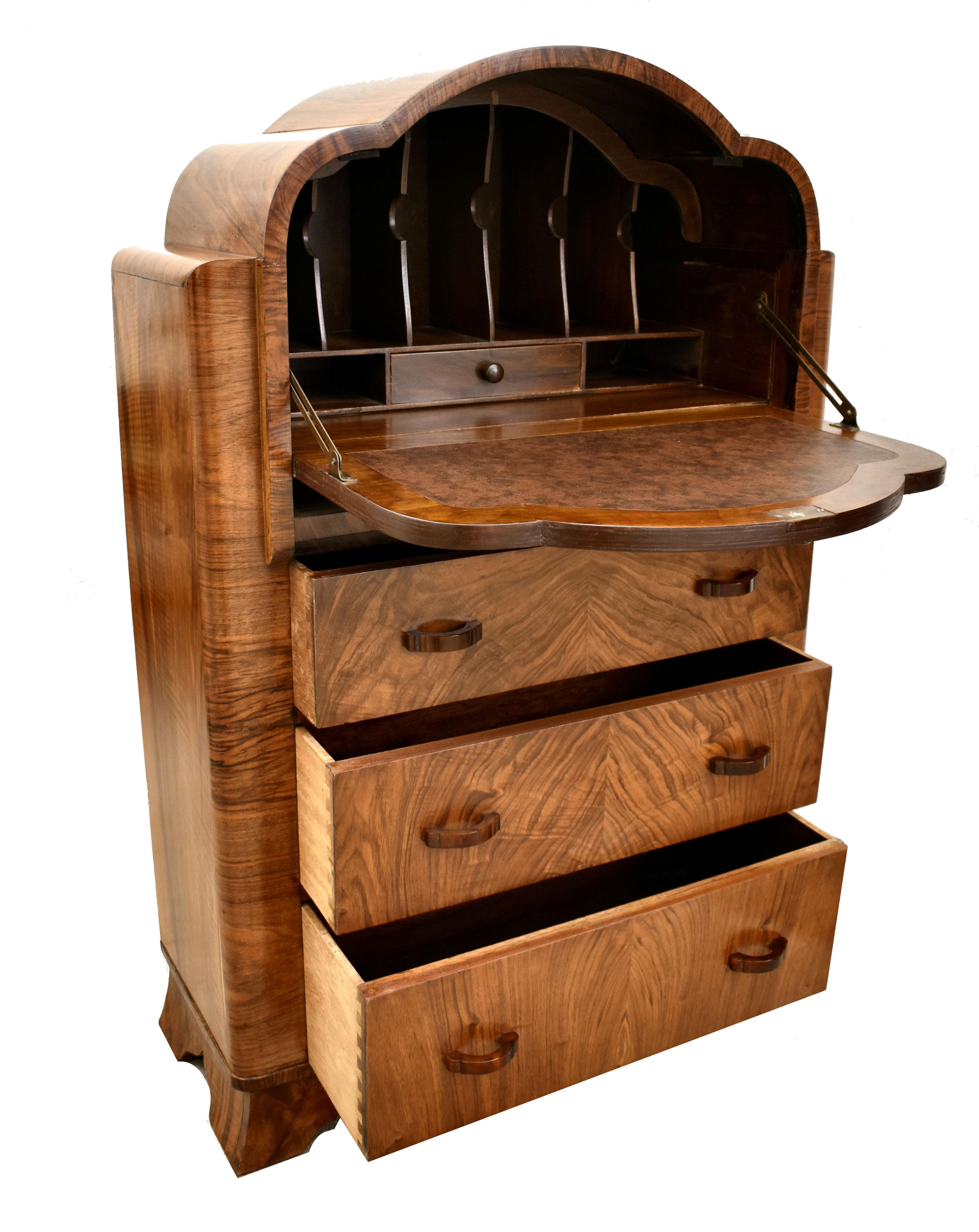 English Art Deco Walnut Cloud Writing Bureau, circa 1930