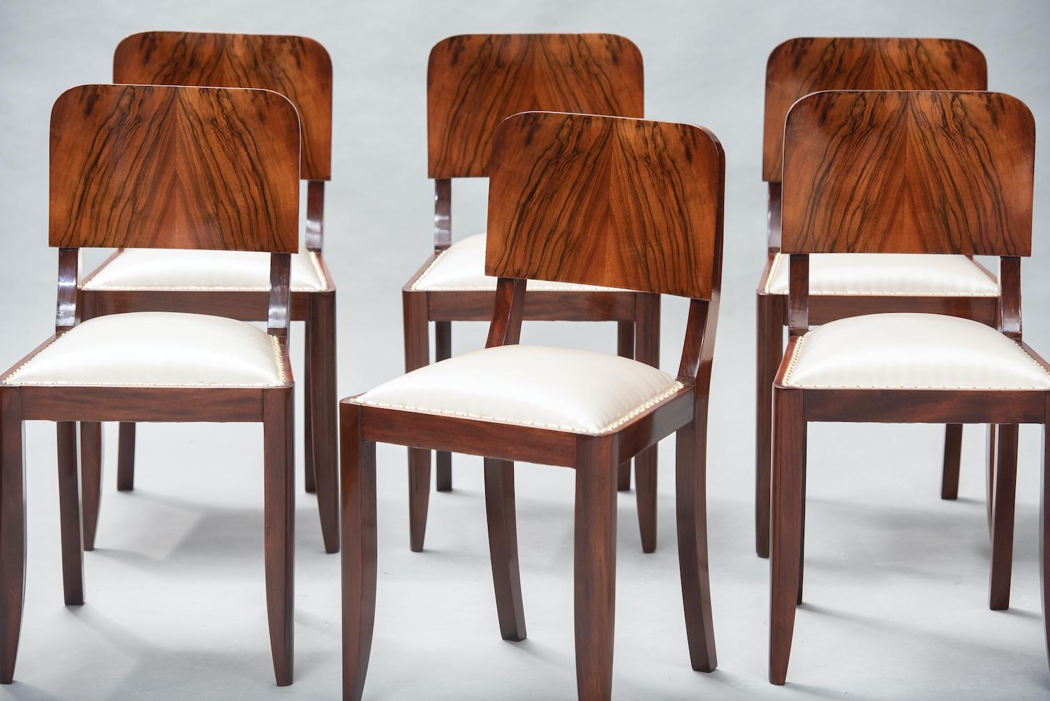 French Art Deco Walnut Dining Chairs, Set of Six