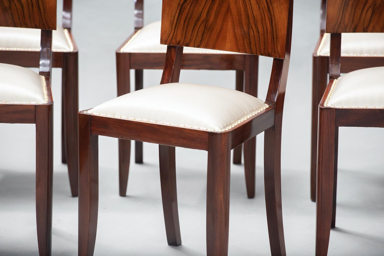Varnished Art Deco Walnut Dining Chairs, Set of Six