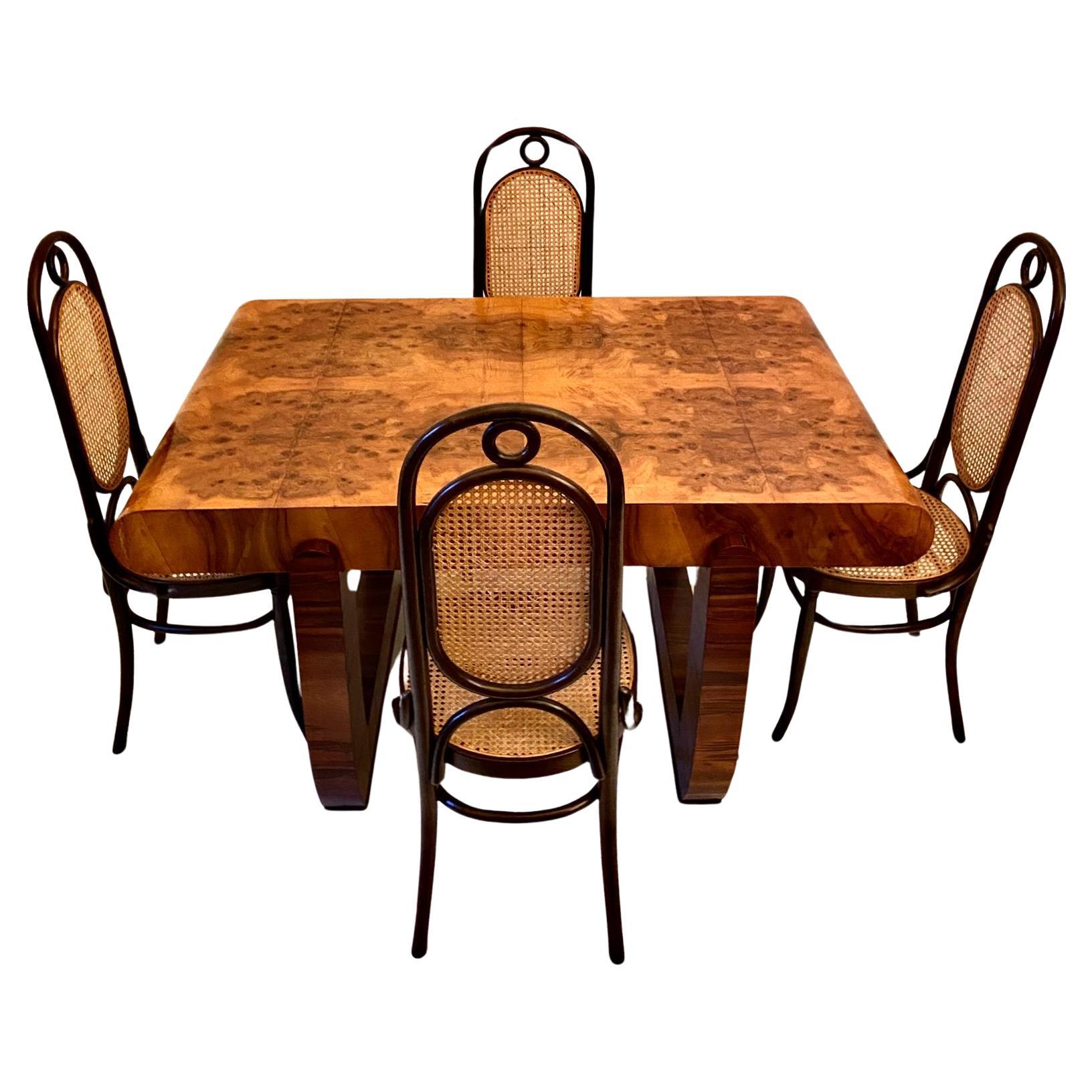 European Art Deco Walnut Dining room set with Thonet chairs For Sale