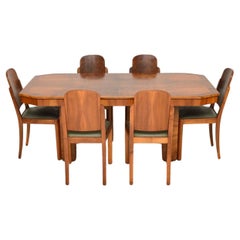 Antique Art Deco Walnut Dining Table and Six Chairs