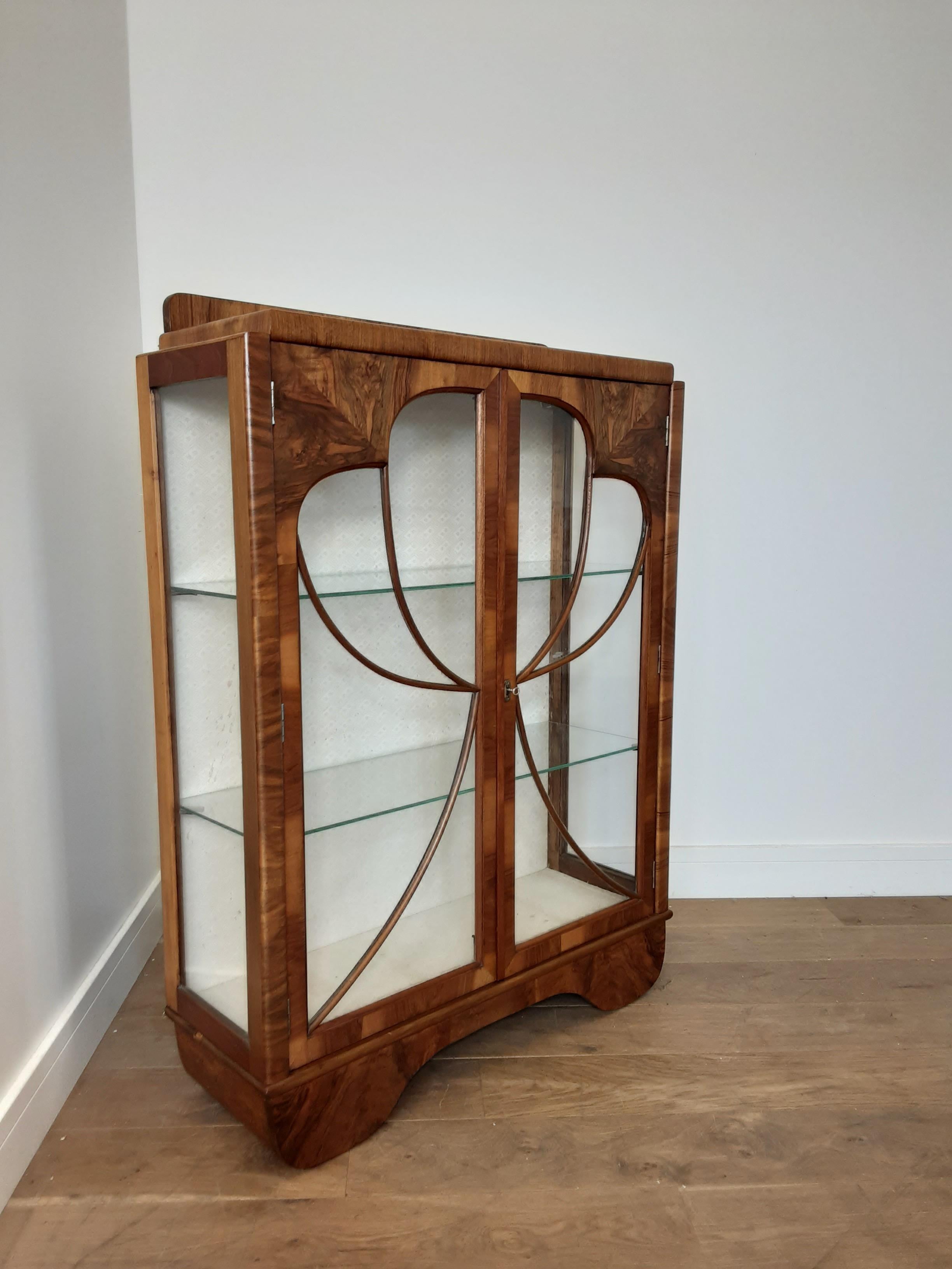 British Art Deco Walnut Display Cabinet Bookcase with Butterfly Front For Sale