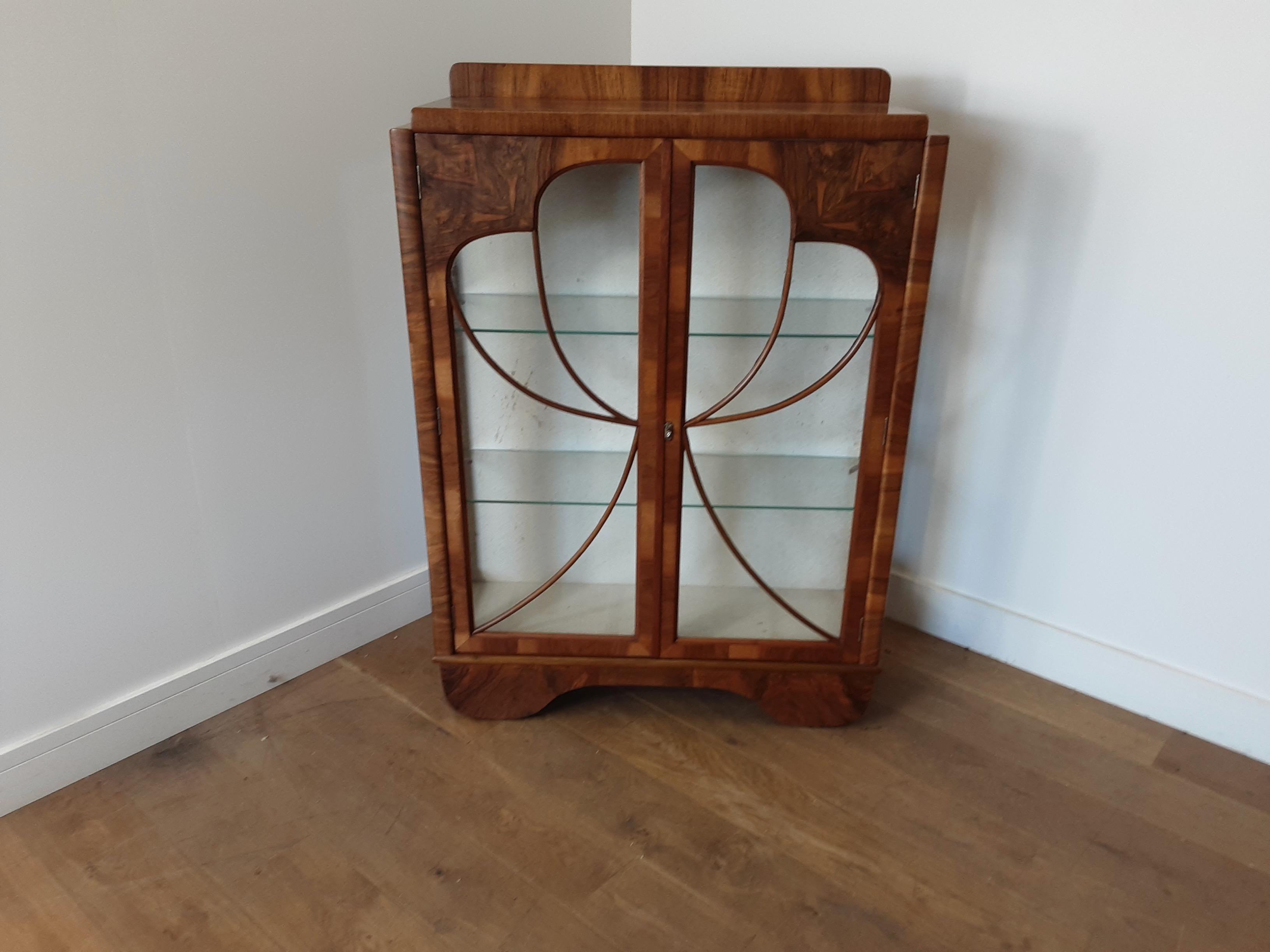 20th Century Art Deco Walnut Display Cabinet Bookcase with Butterfly Front For Sale