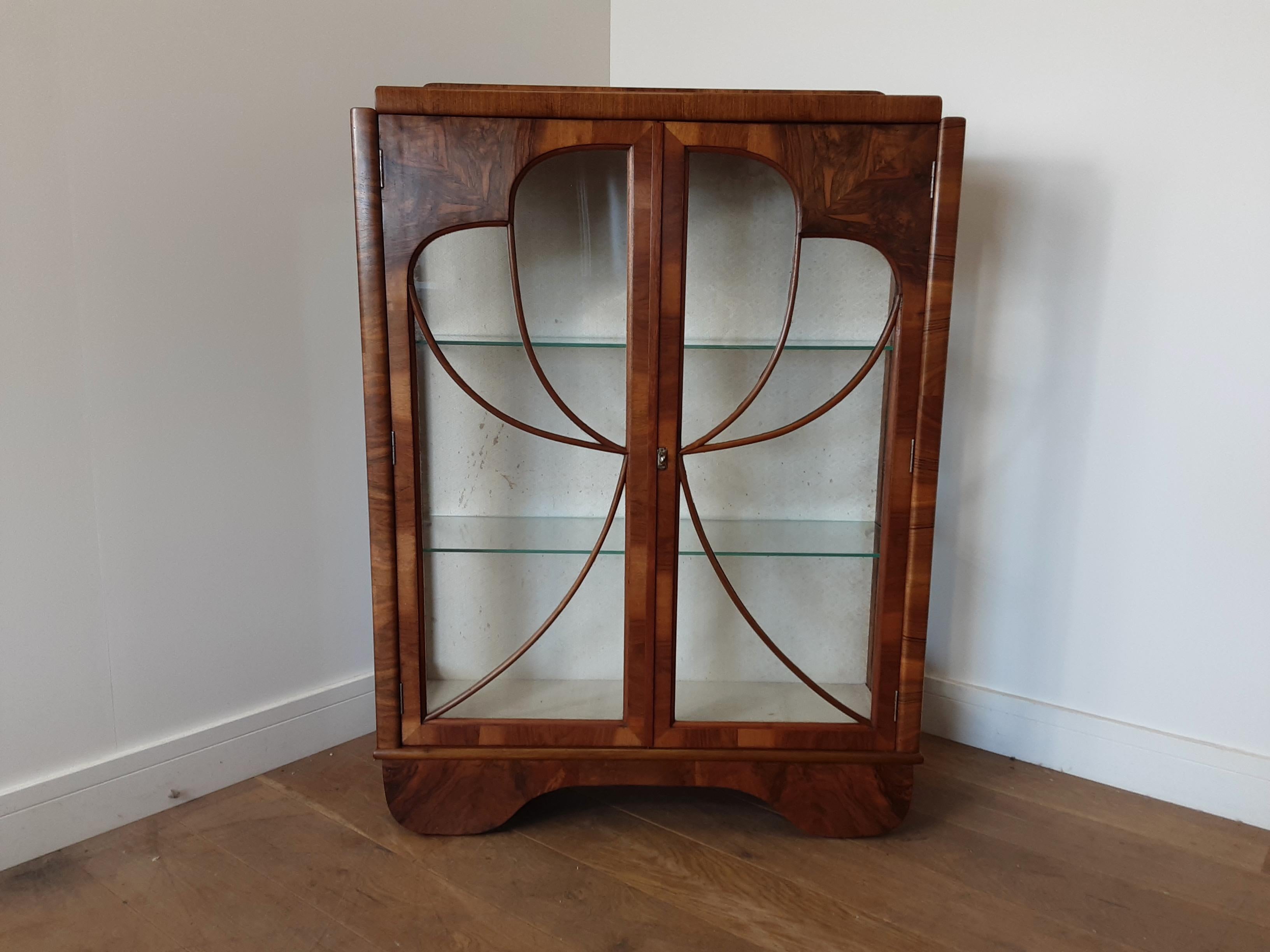 Art Deco Walnut Display Cabinet Bookcase with Butterfly Front For Sale 1
