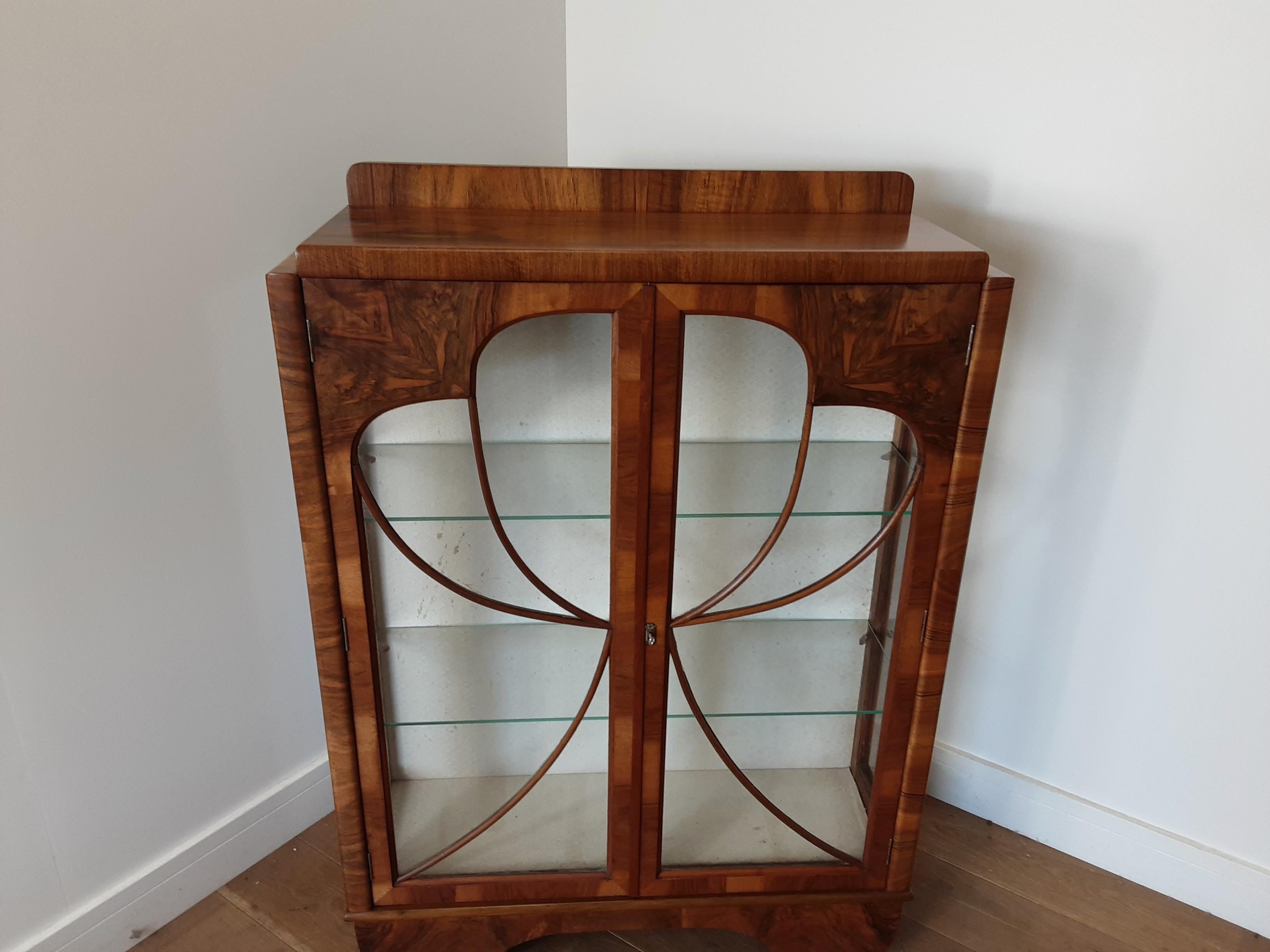 Art Deco Walnut Display Cabinet Bookcase with Butterfly Front For Sale 2