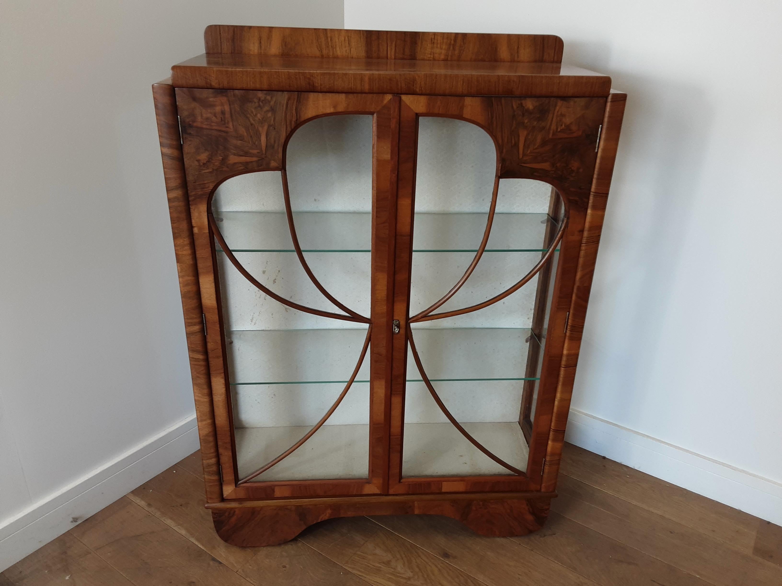 Art Deco Walnut Display Cabinet Bookcase with Butterfly Front For Sale 3