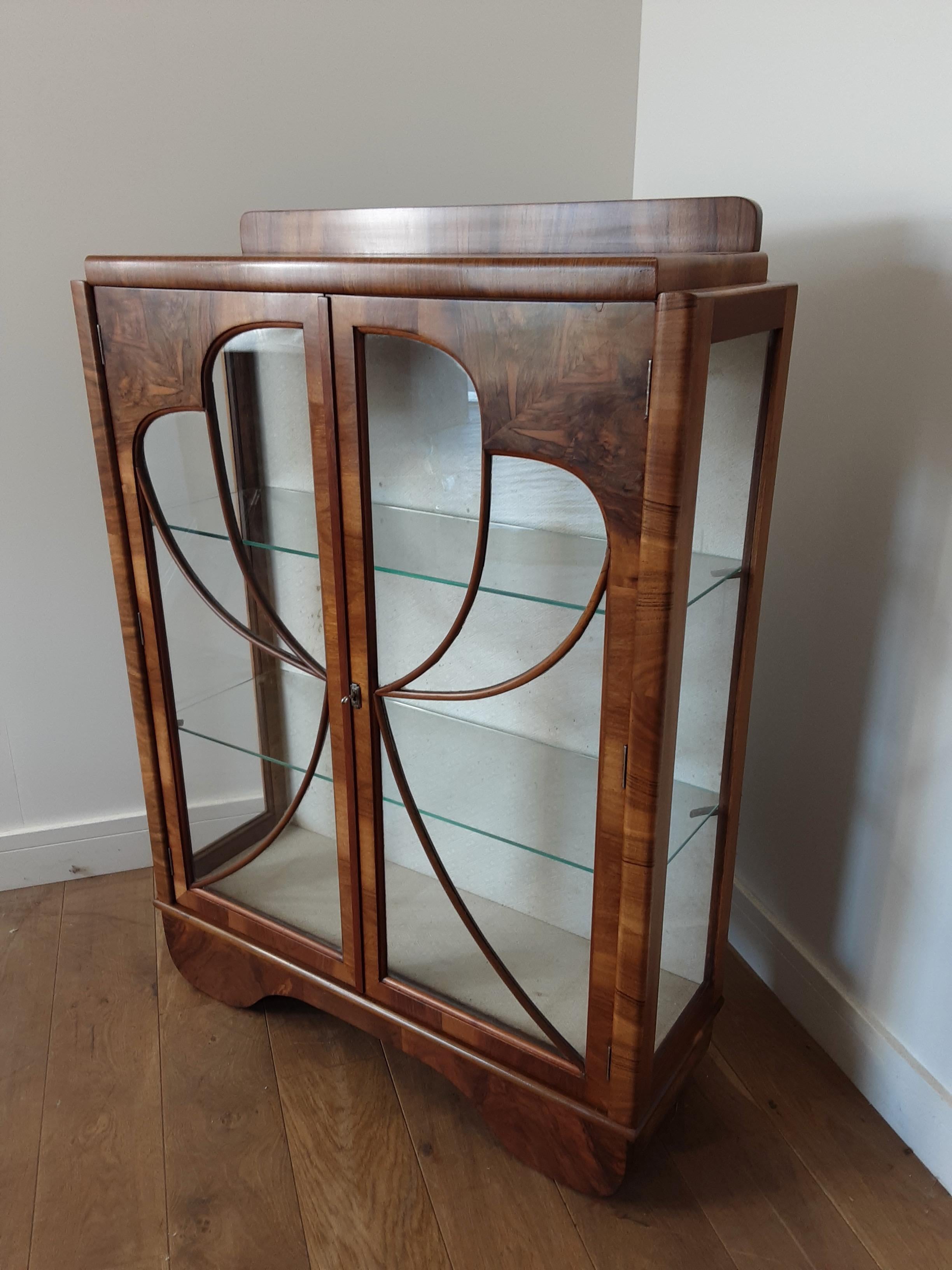 Art Deco Walnut Display Cabinet Bookcase with Butterfly Front For Sale 4