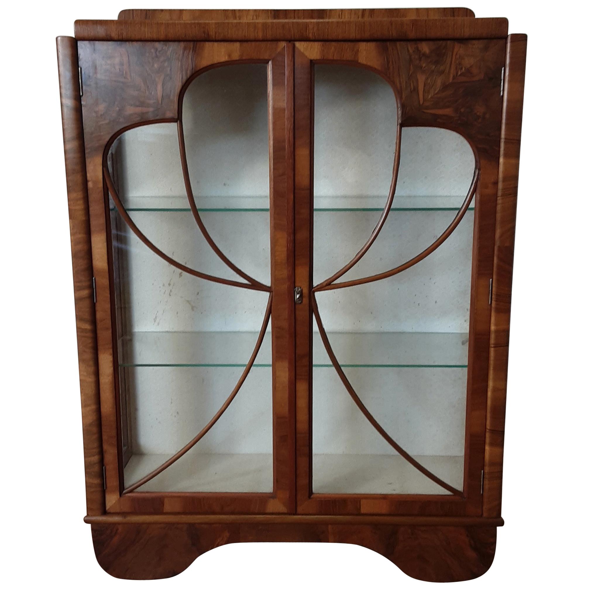 Art Deco Walnut Display Cabinet Bookcase with Butterfly Front For Sale