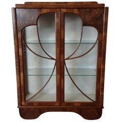 Vintage Art Deco Walnut Display Cabinet Bookcase with Butterfly Front