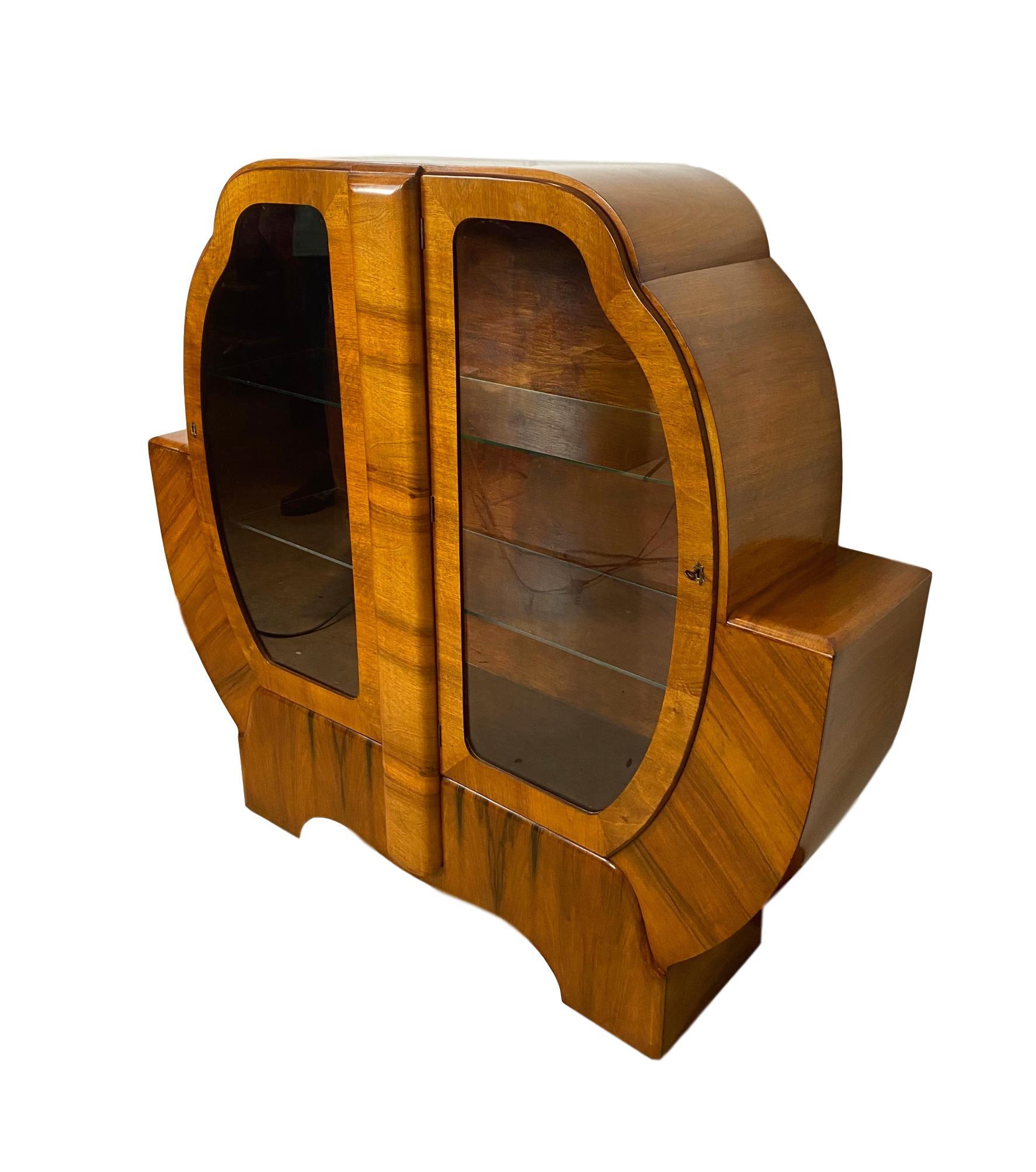 Glazed Mid-Century Modern Art Deco Walnut Display Case, English, ca. 1935