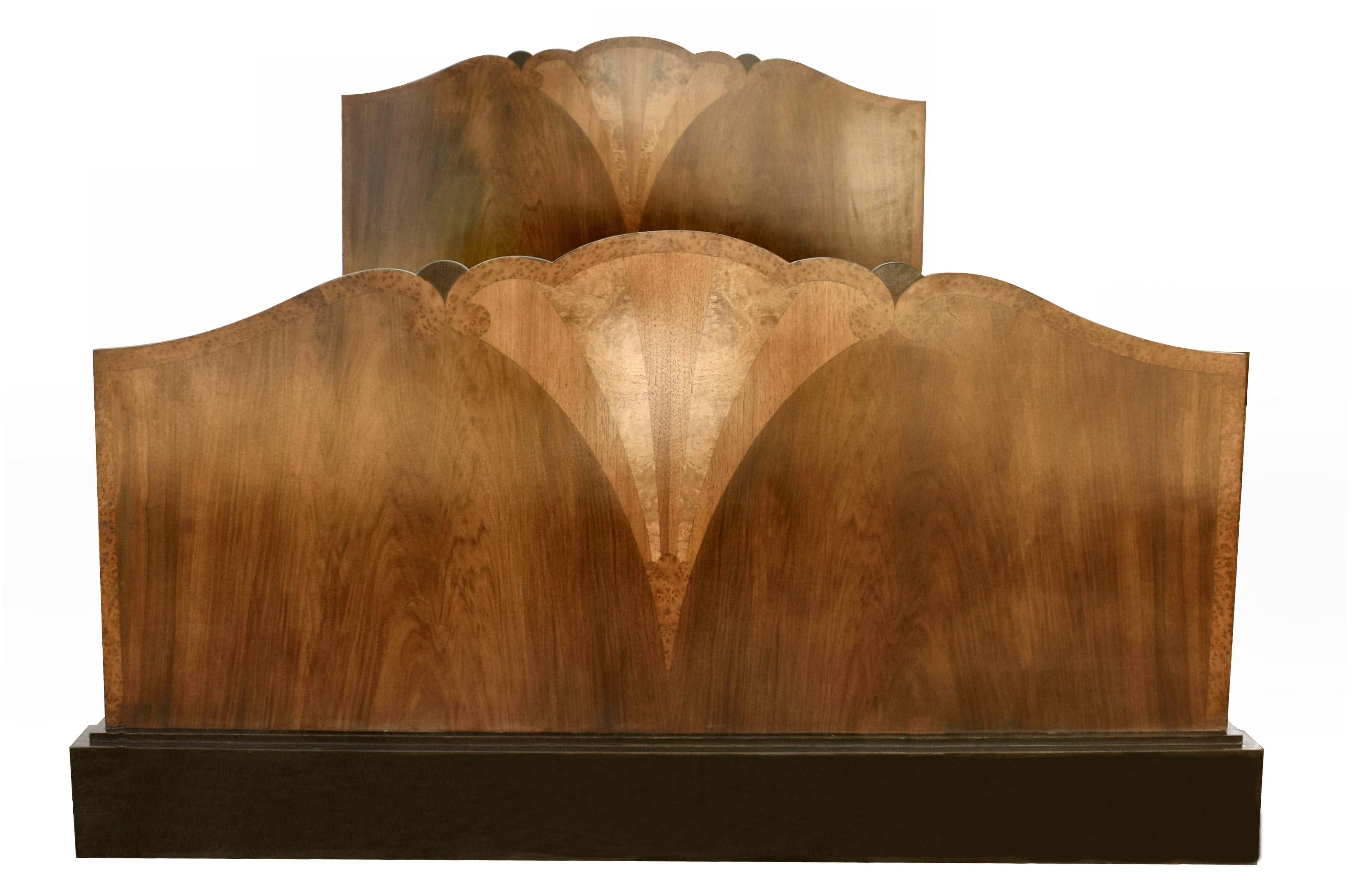 20th Century Art Deco Walnut Double Fan Shaped Bed, England, c1930's