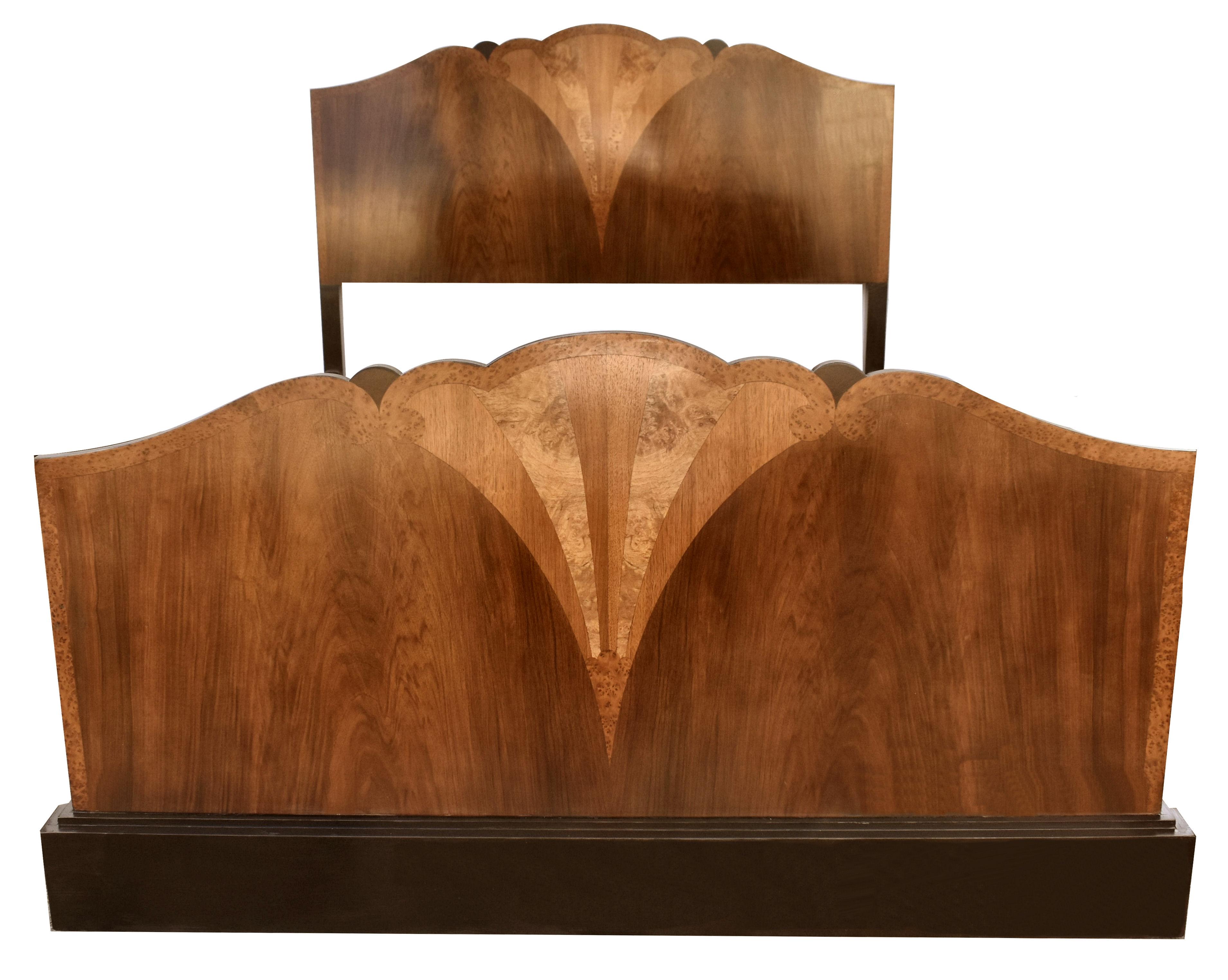 Beech Art Deco Walnut Double Fan Shaped Bed, England, c1930's