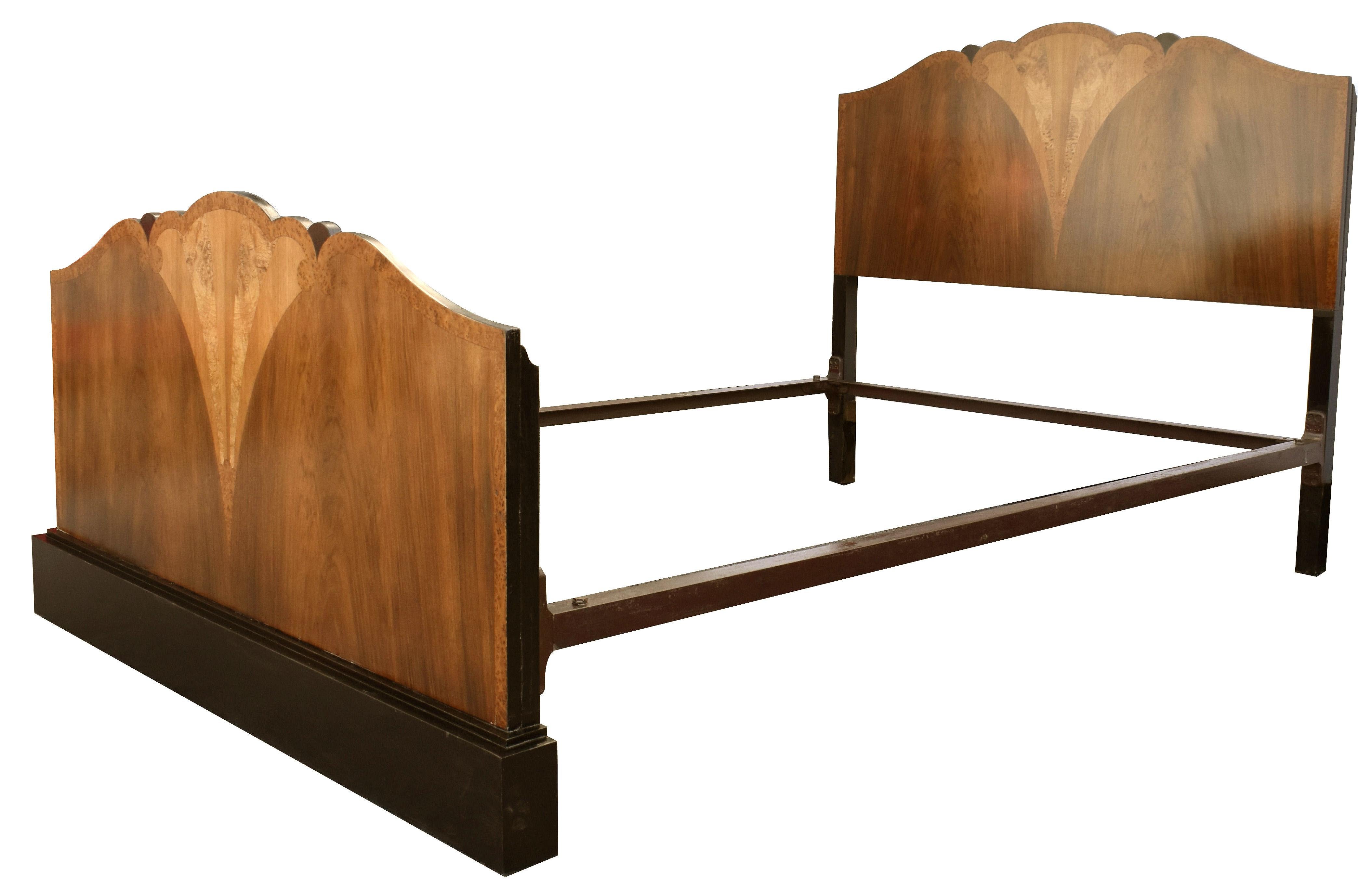Art Deco Walnut Double Fan Shaped Bed, England, c1930's 1