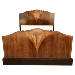 Art Deco Walnut Double Fan Shaped Bed, England, c1930's