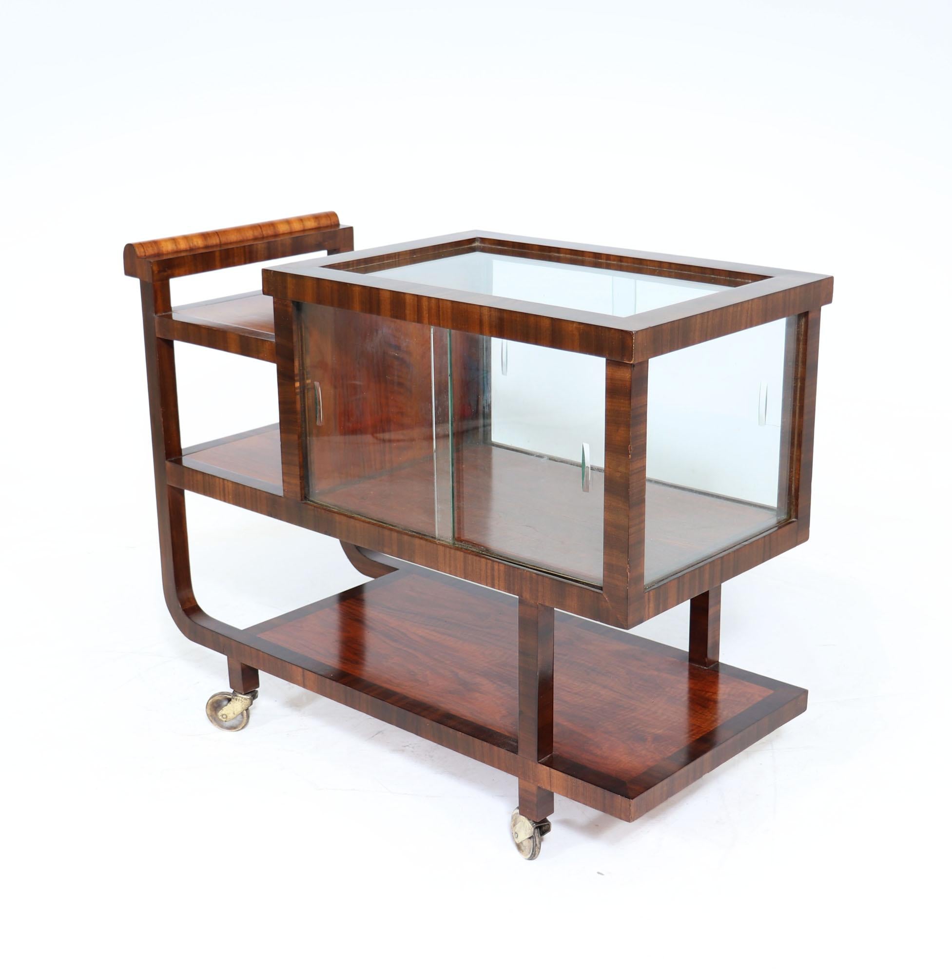 Glass Art Deco Walnut Drinks Trolley