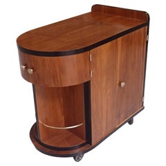 Art Deco Walnut Dry Bar Trolley with Plexi Handle and Black Glass Top