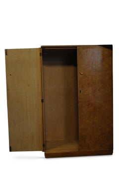 Art Deco Walnut Figured Two-Door Wardrobe or Armoire with Original Fittings