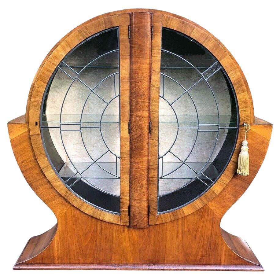 Art Deco Walnut & Glass Circular Display Cabinet, Vitrine, England, c1930's