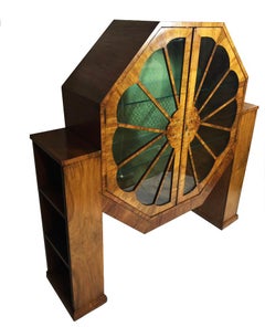 Art Deco Walnut Glazed Spider Vitrine with Glass Shelves, Bookcases to Sides
